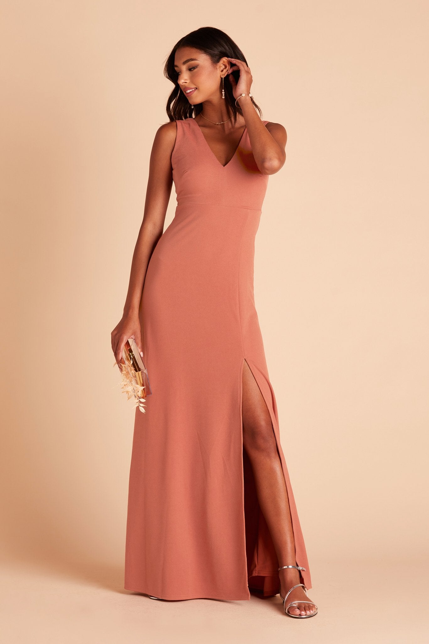 Shamin bridesmaid dress with slit in terracotta crepe by Birdy Grey, front view