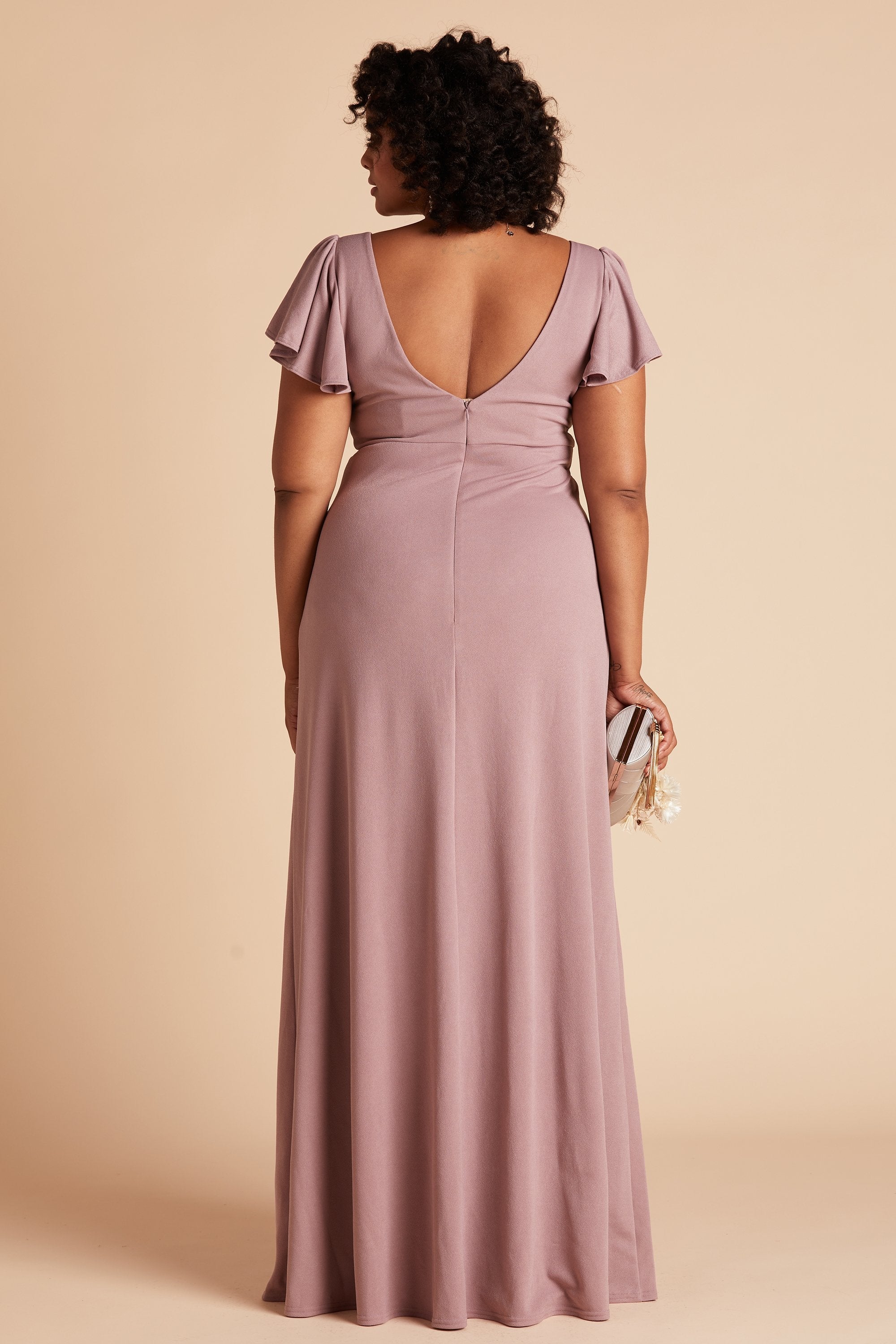 Hannah plus size bridesmaid dress with slit in dark mauve crepe by Birdy Grey, back view