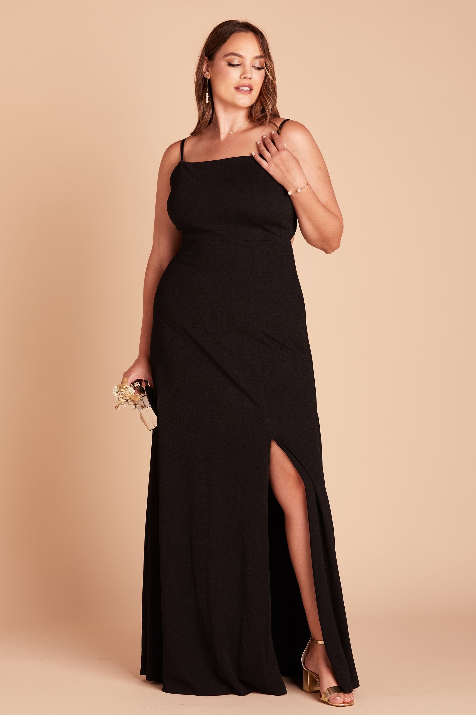 Benny plus size bridesmaid dress with slit in black crepe by Birdy Grey, front view