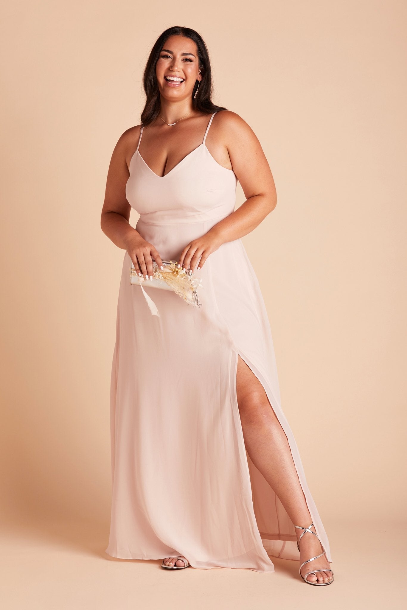 Devin convertible plus size bridesmaids dress with slit in pale blush chiffon by Birdy Grey, front view