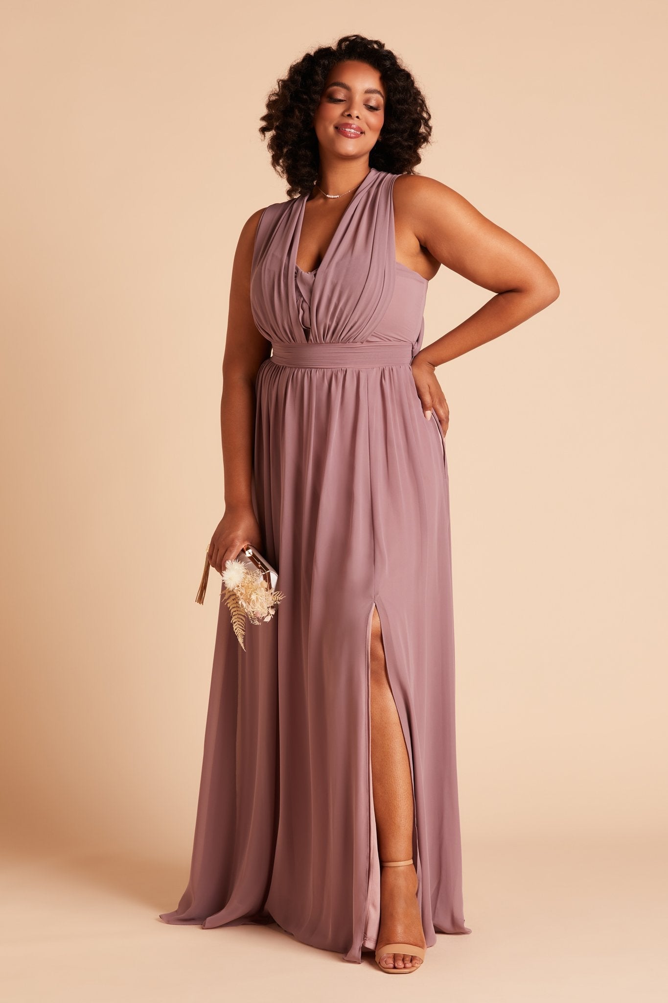 Grace convertible plus size bridesmaid dress with slit in dark mauve chiffon by Birdy Grey, front view