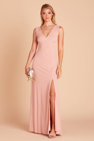 Shamin bridesmaid dress with slit in rose quartz crepe by Birdy Grey, front view