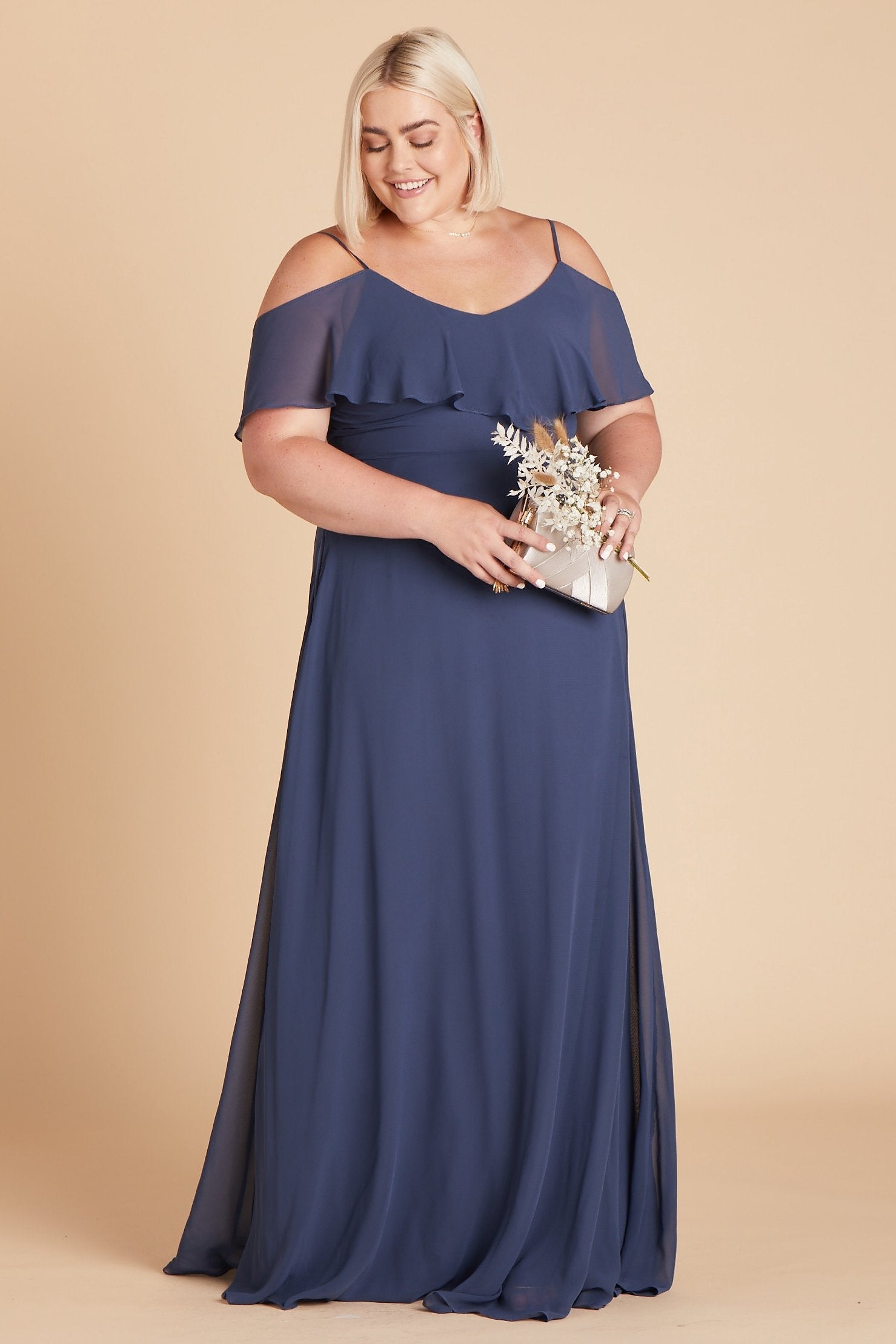 Jane convertible plus size bridesmaid dress in slate blue chiffon by Birdy Grey, front view
