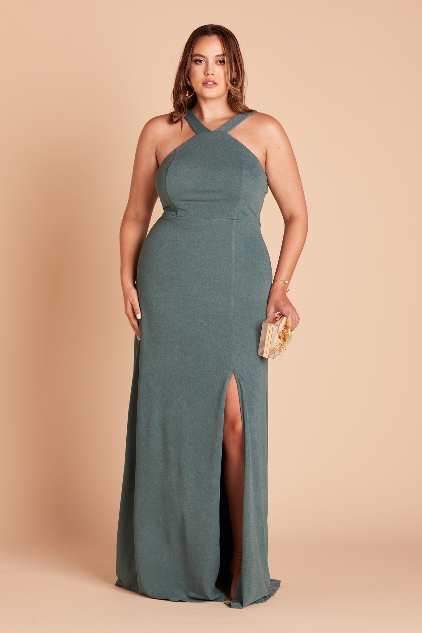 Gene plus size bridesmaid dress with slit in sea glass green crepe by Birdy Grey, front view