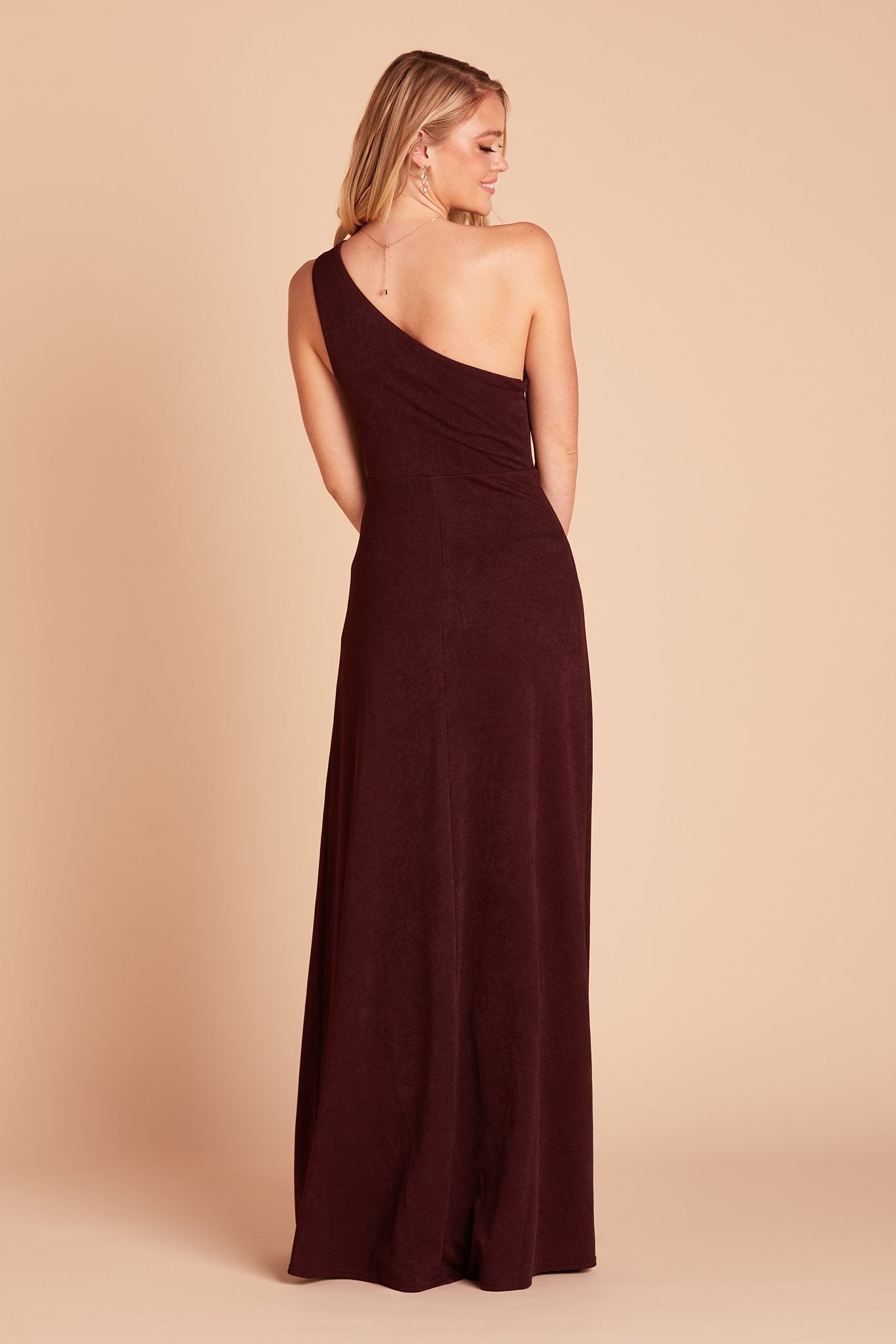 Kira bridesmaid dress with slit in cabernet burgundy crepe by Birdy Grey, back view
