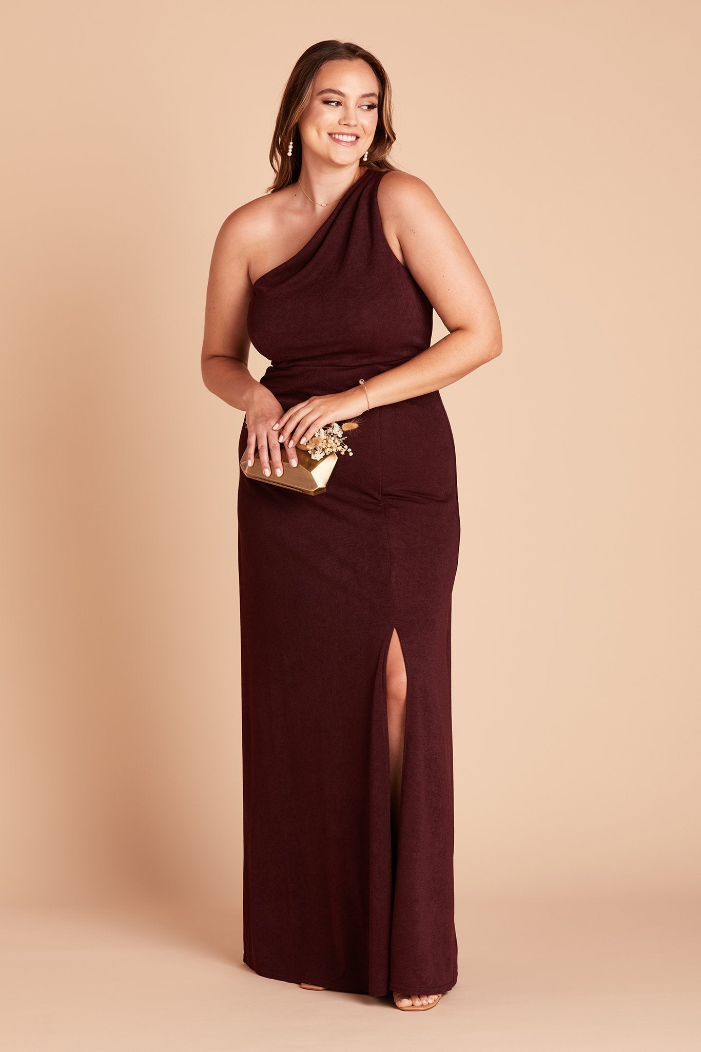 Kira plus size bridesmaid dress with slit in cabernet burgundy by Birdy Grey, front view