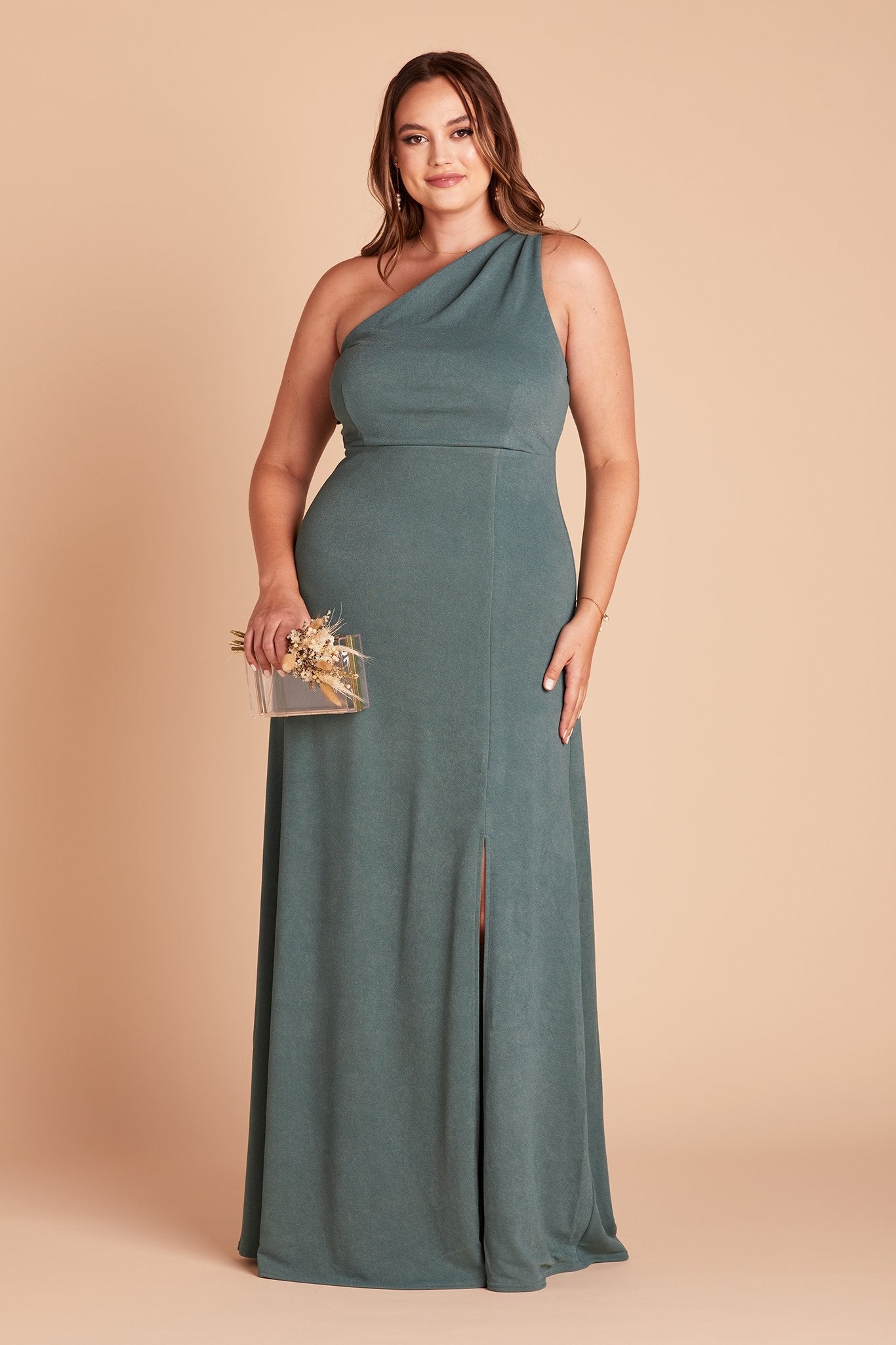 Kira plus size bridesmaid dress with slit in sea glass green crepe by Birdy Grey, front view