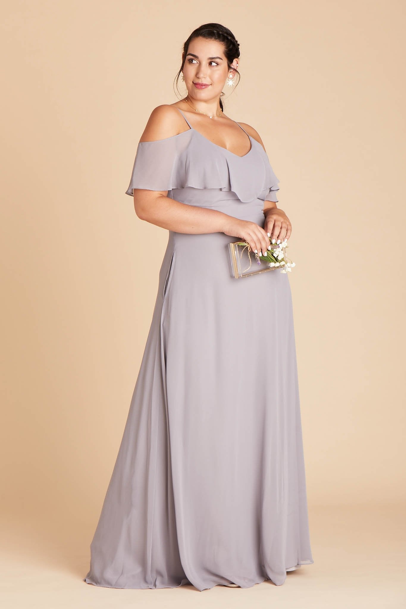 Jane convertible plus size bridesmaid dress in silver chiffon by Birdy Grey, front view