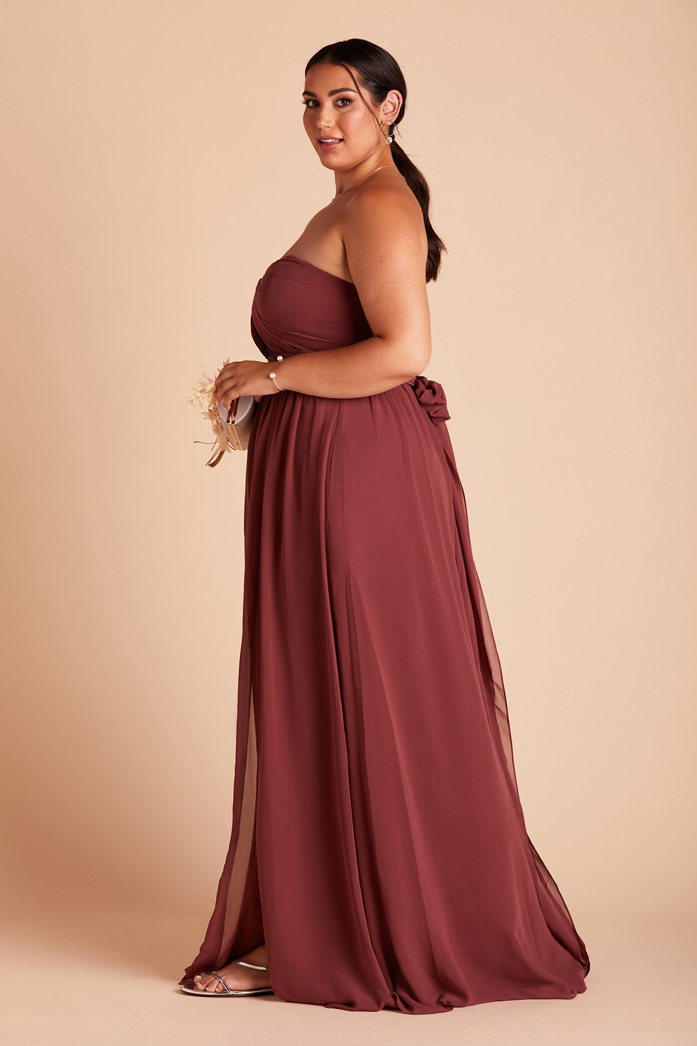 Grace convertible plus size bridesmaid dress with slit in rosewood chiffon by Birdy Grey, side view