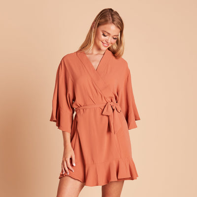 Kenny Ruffle Robe in terracotta by Birdy Grey, front view
