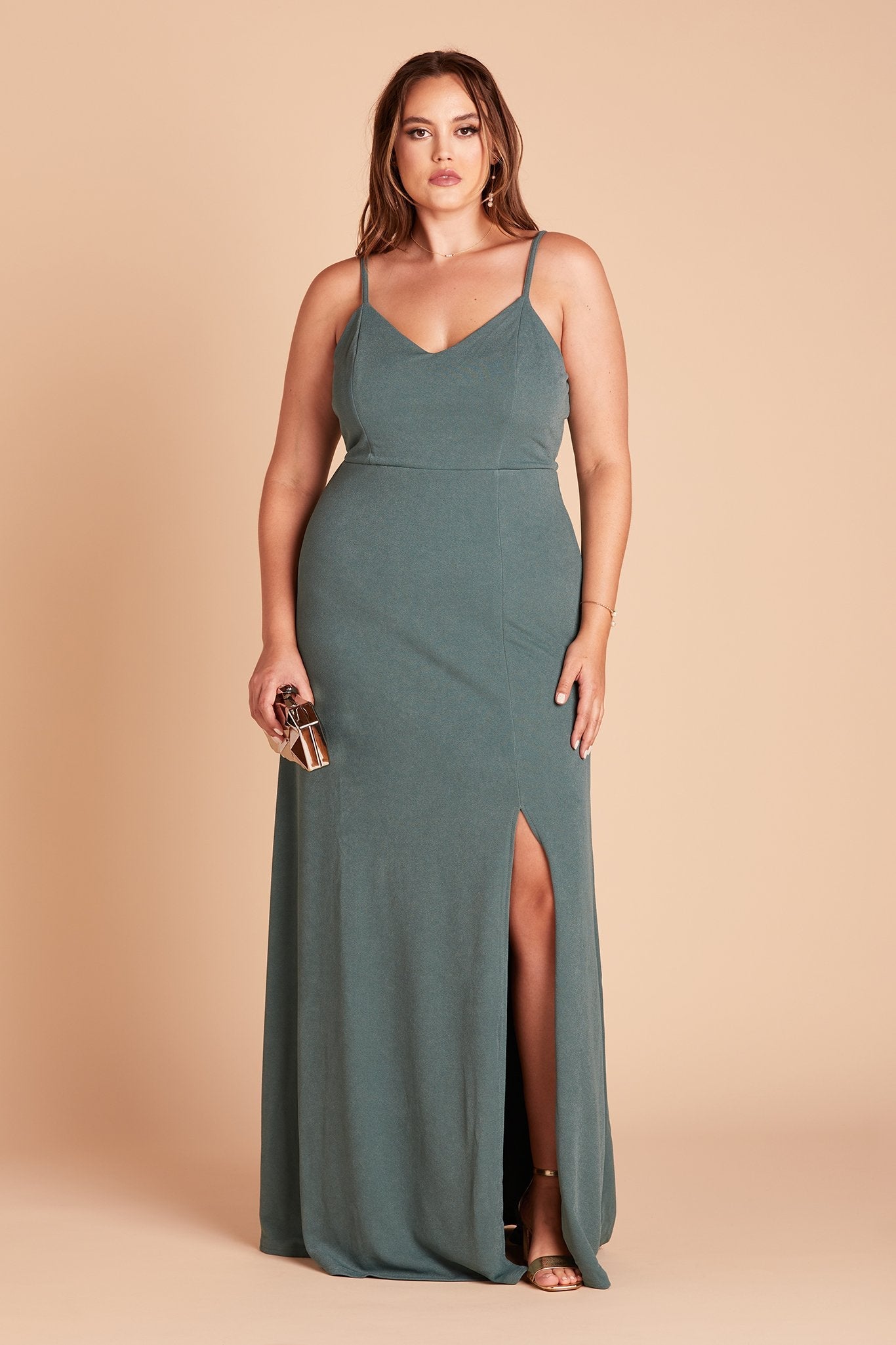 Jay plus size bridesmaid dress with slit in sea glass green crepe by Birdy Grey, front view