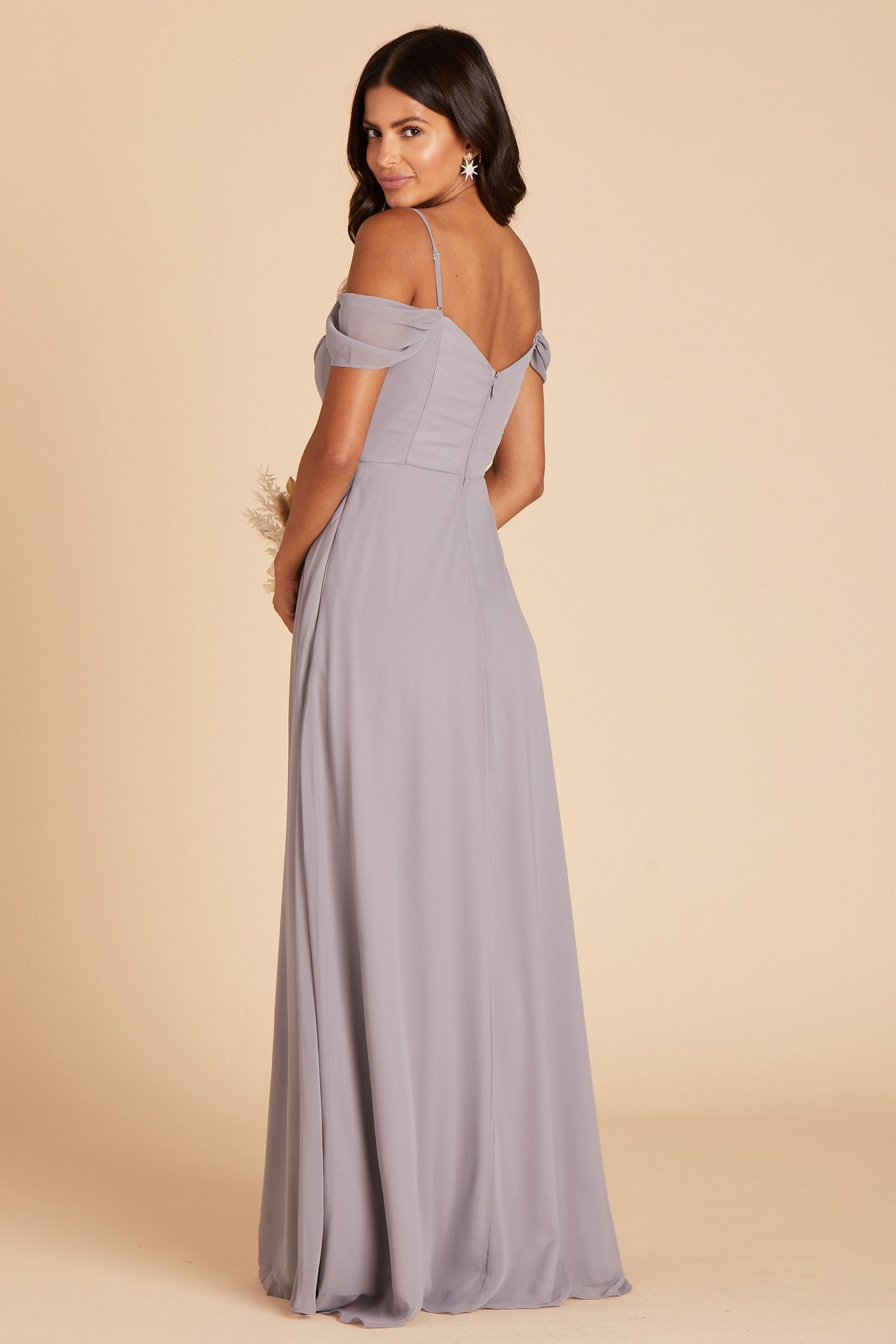 Spence convertible bridesmaids dress in silver chiffon by Birdy Grey, side view