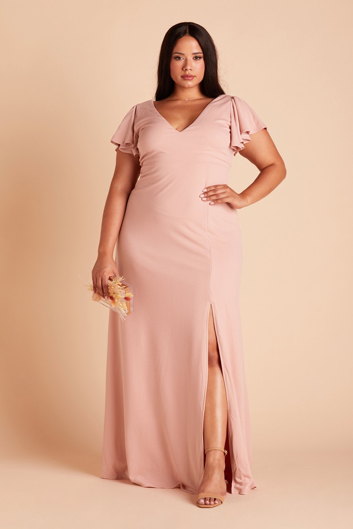 Hannah plus size bridesmaid dress with slit in dusty rose crepe by Birdy Grey, front view