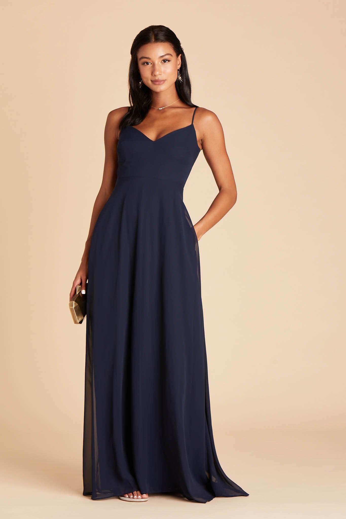 Devin convertible bridesmaid dress in navy blue chiffon by Birdy Grey, front view