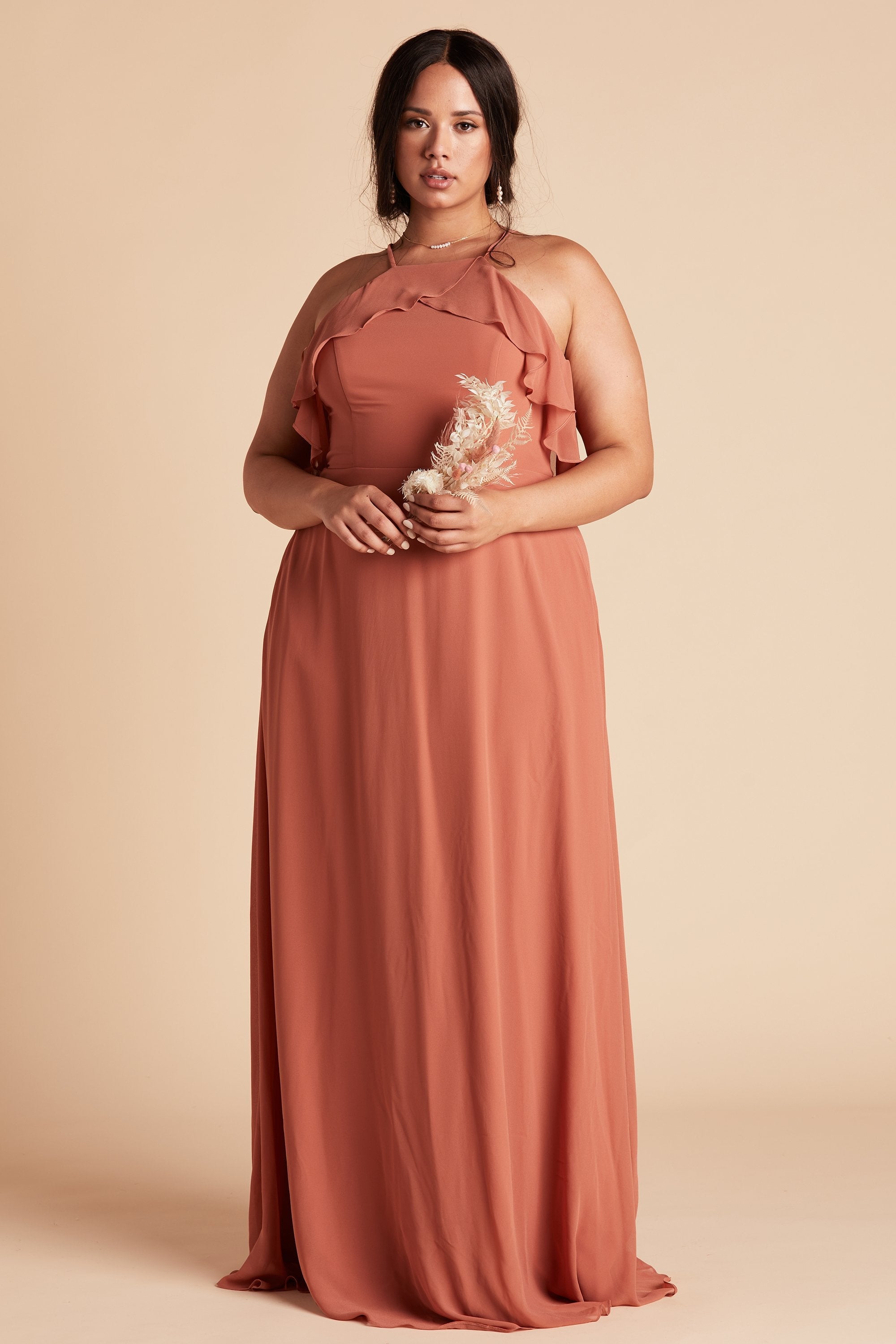 Jules plus size bridesmaid dress in terracotta orange chiffon by Birdy Grey, front view
