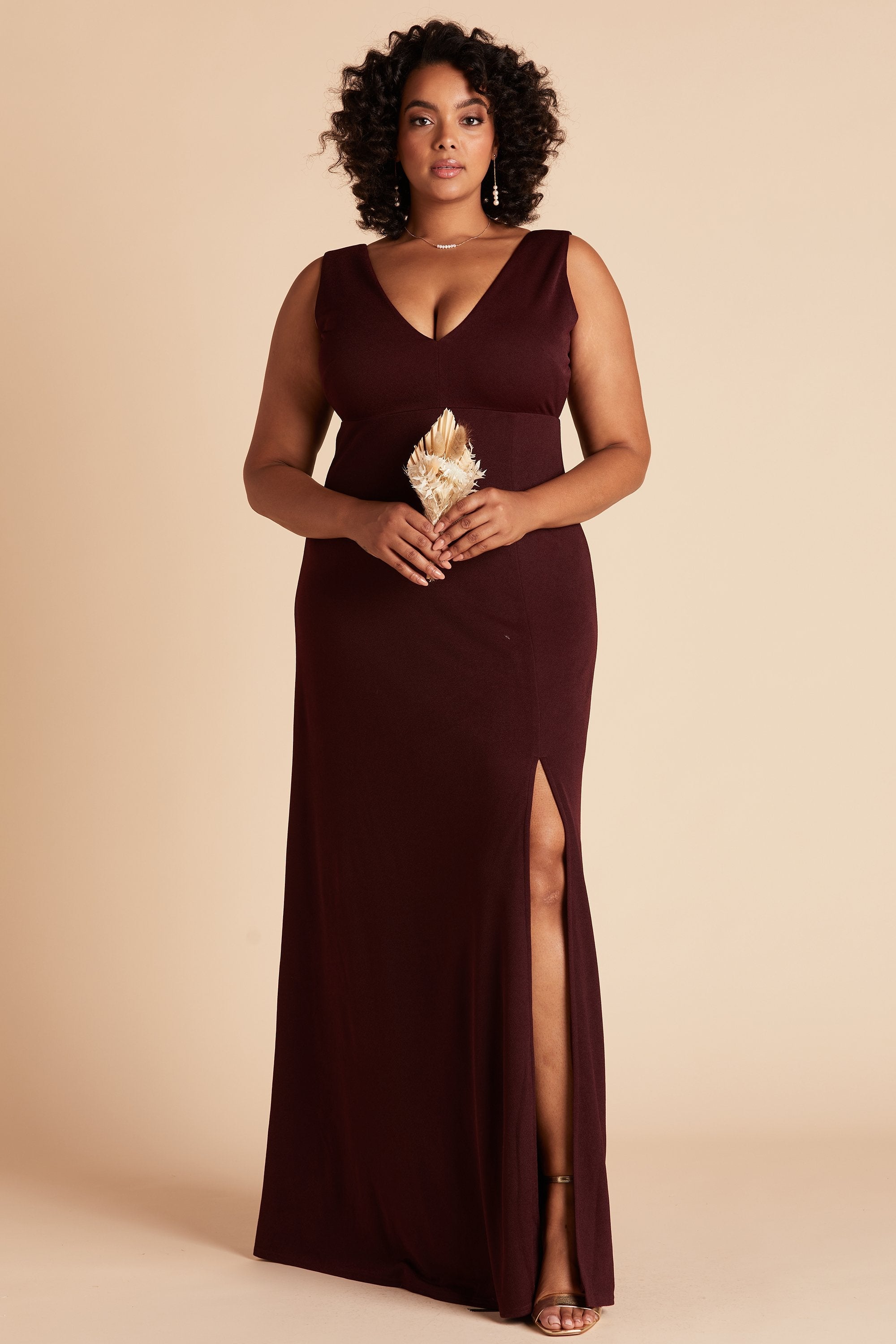 Shamin plus size bridesmaid dress with slit in cabernet burgundy crepe by Birdy Grey, front view