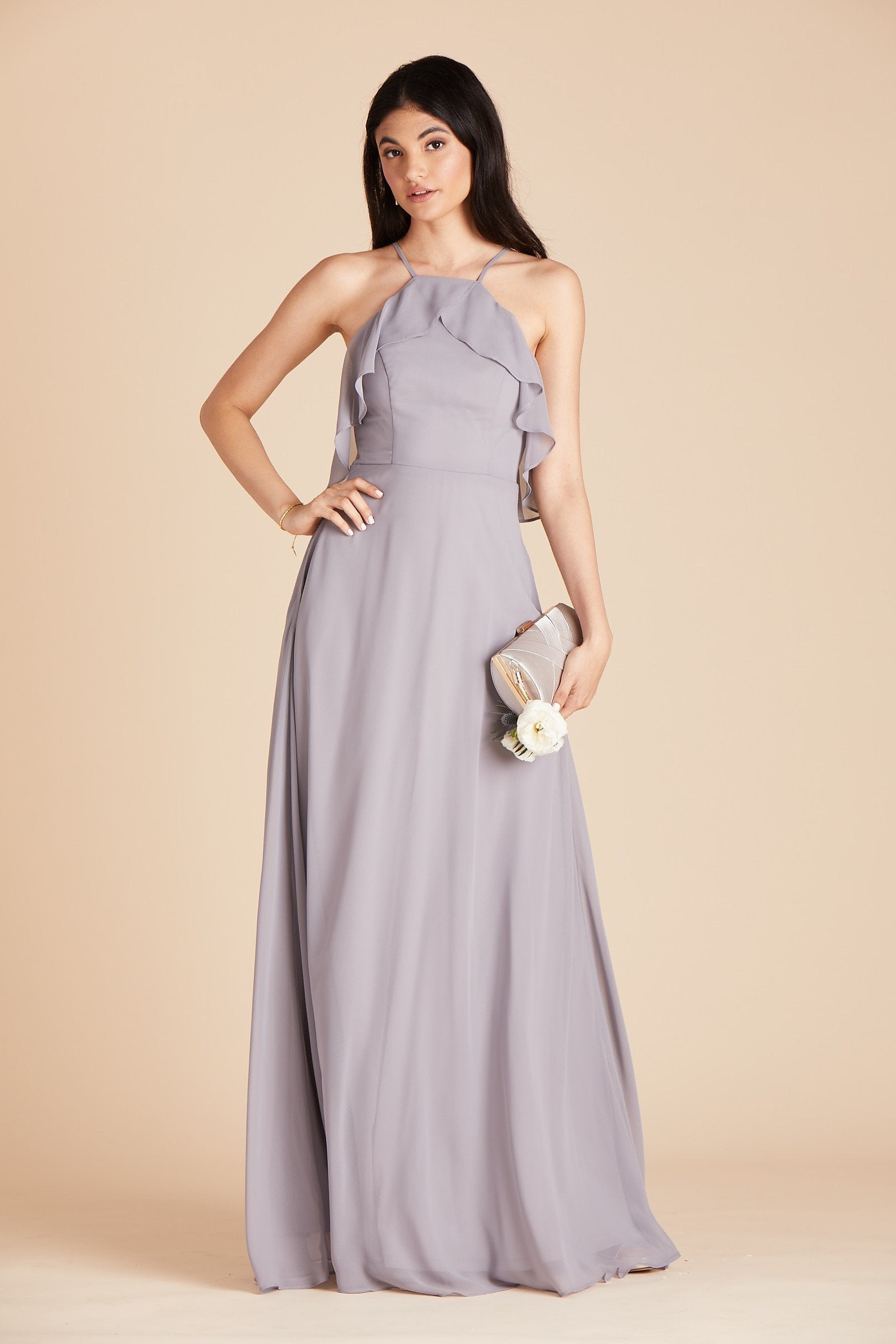 Jules bridesmaid dress in silver chiffon by Birdy Grey, front view