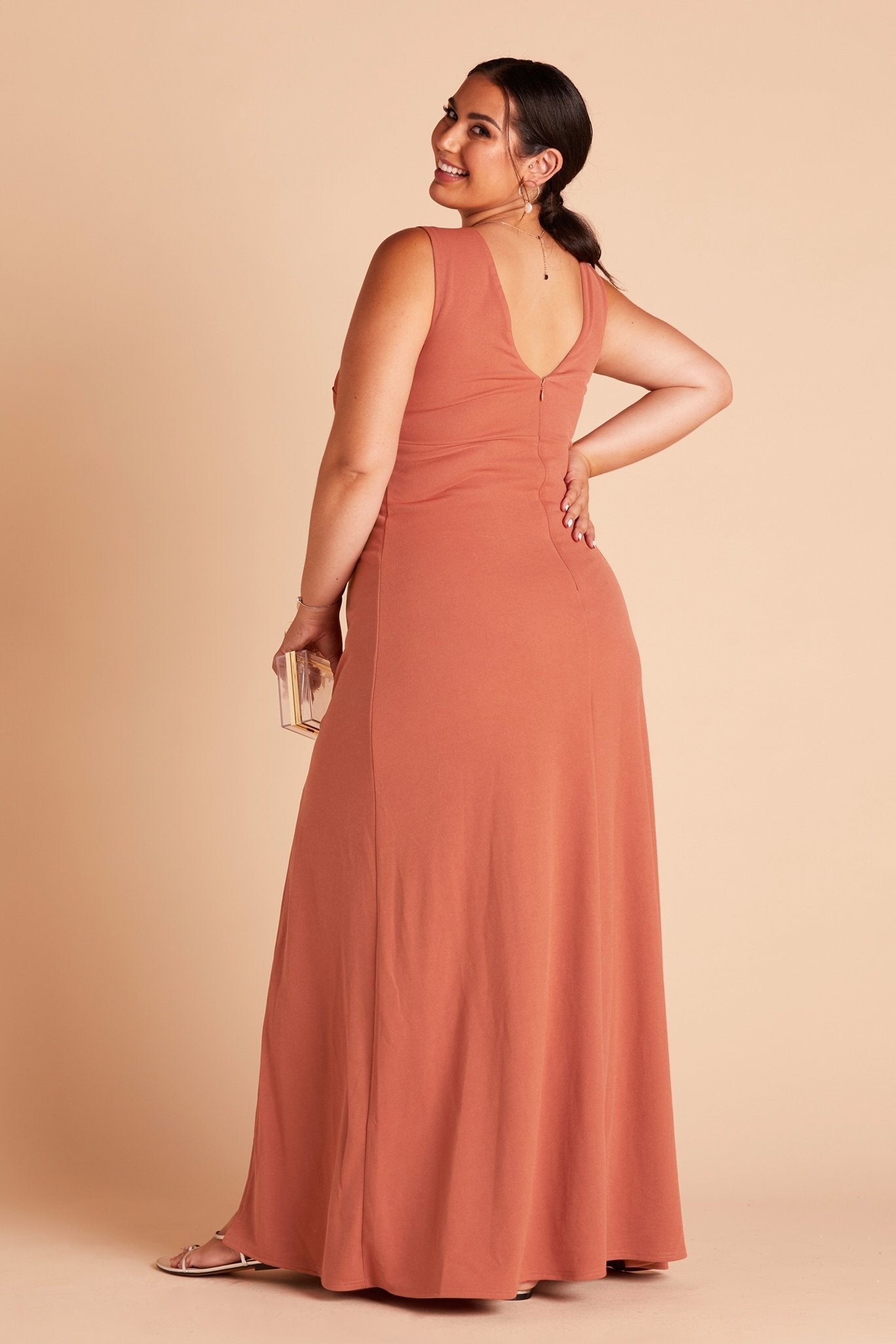 Shamin plus size bridesmaid dress with slit in terracotta crepe by Birdy Grey, back view