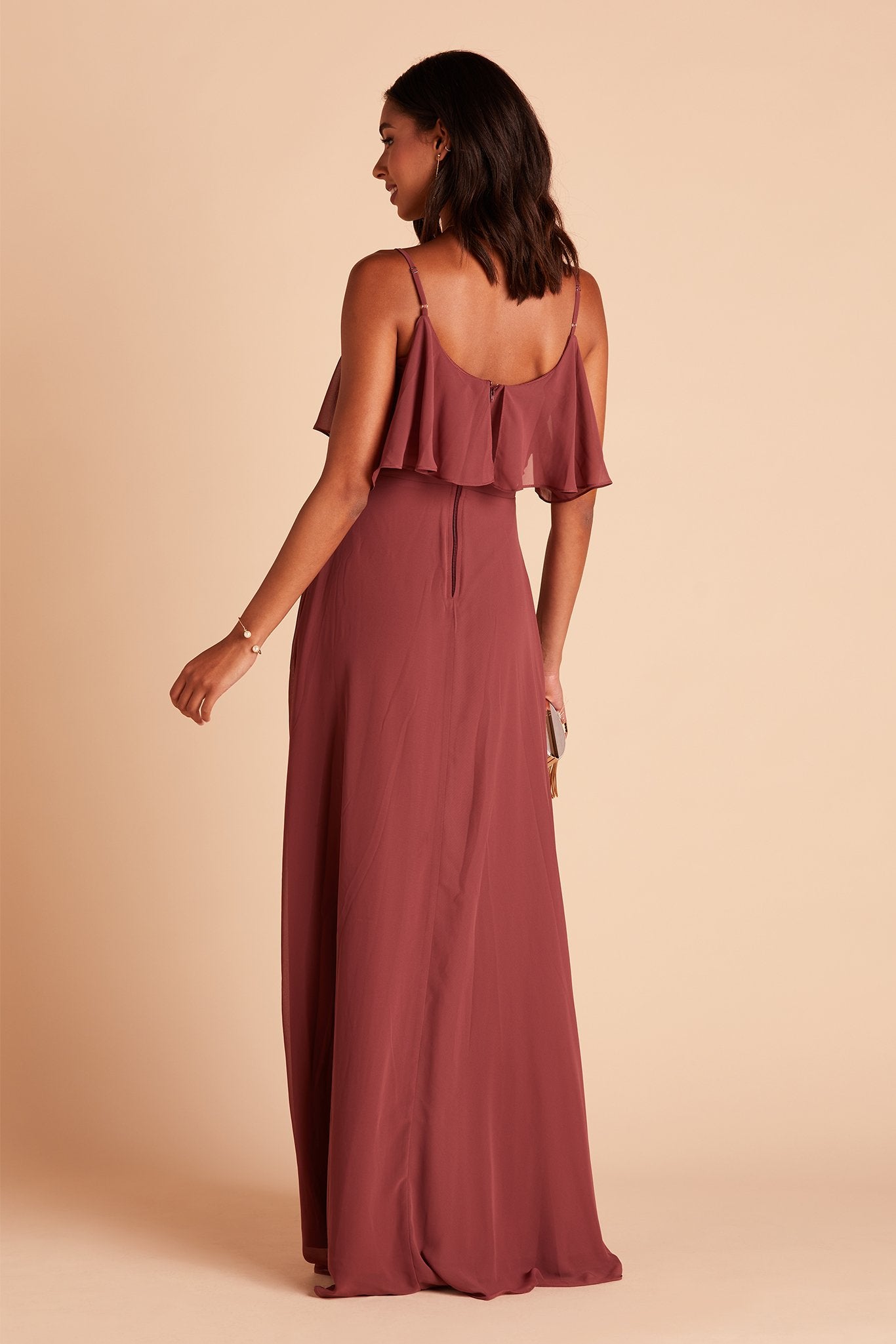 Jane convertible bridesmaid dress with slit in rosewood chiffon by Birdy Grey, back view