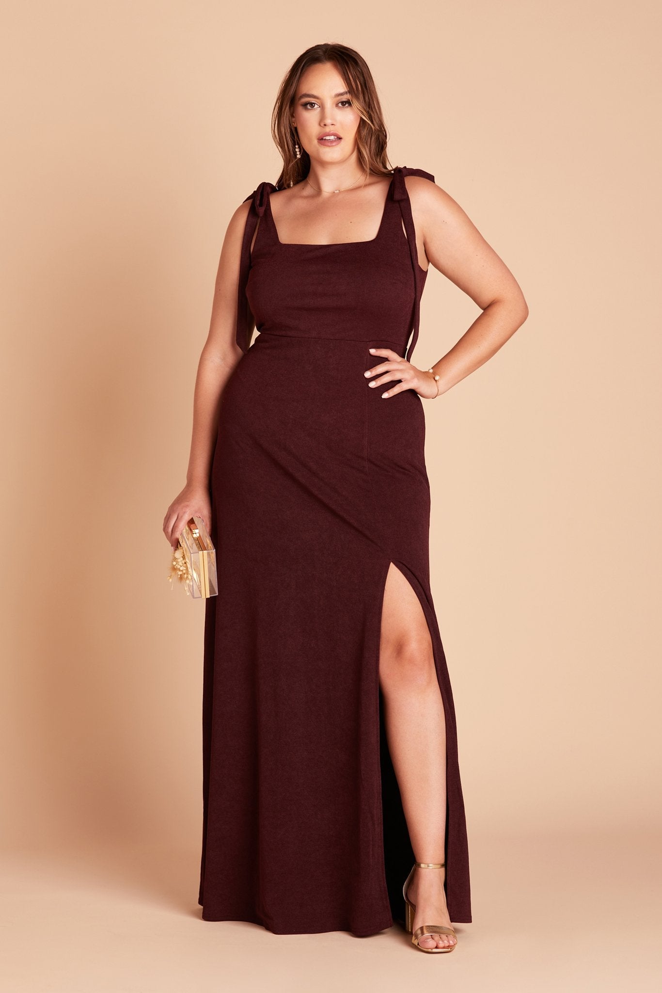 Alex convertible plus size bridesmaid dress with slit in cabernet burgundy crepe by Birdy Grey, front view
