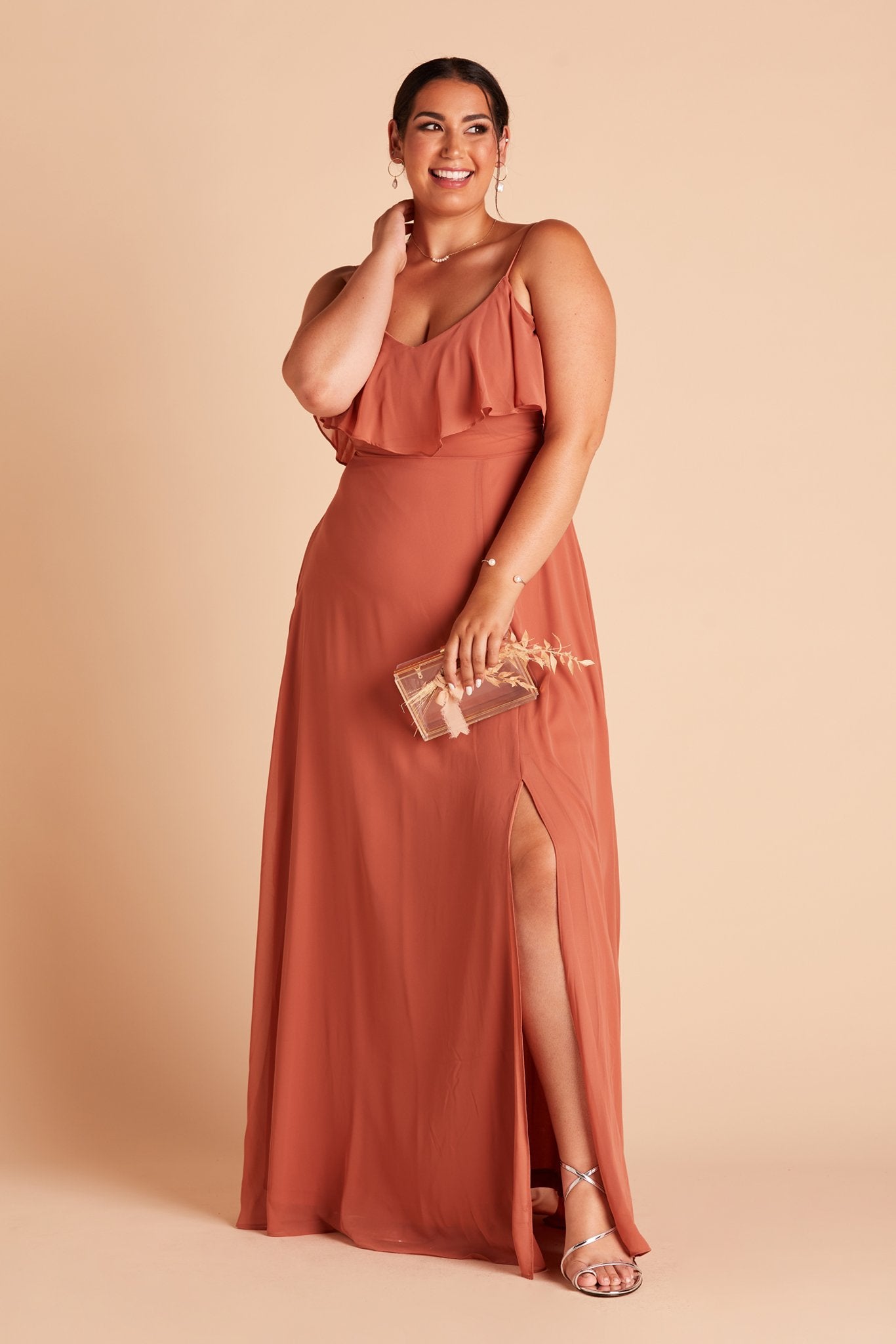 Jane convertible plus size bridesmaid dress with slit in terracotta orange chiffon by Birdy Grey, front view