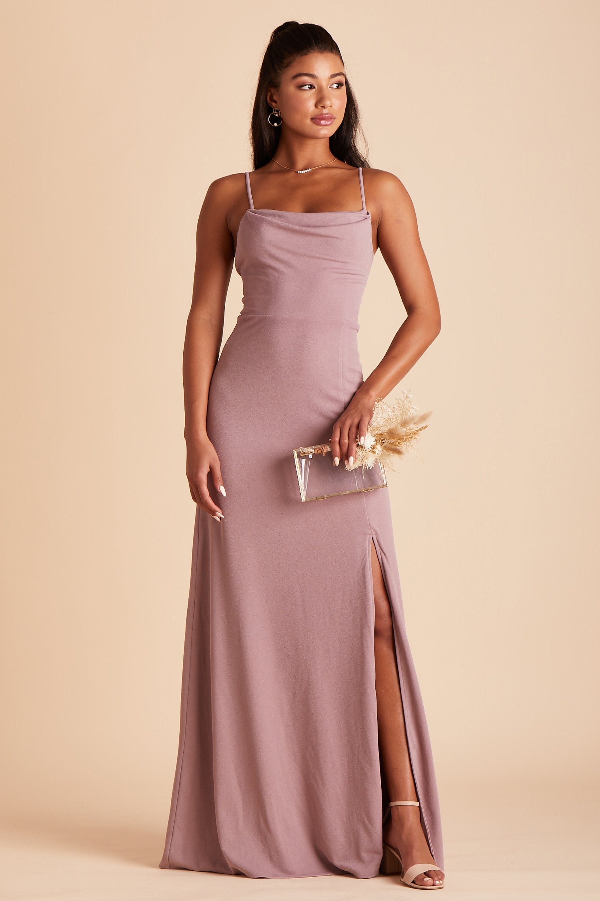 Ash bridesmaid dress with slit in dark mauve crepe by Birdy Grey, front view