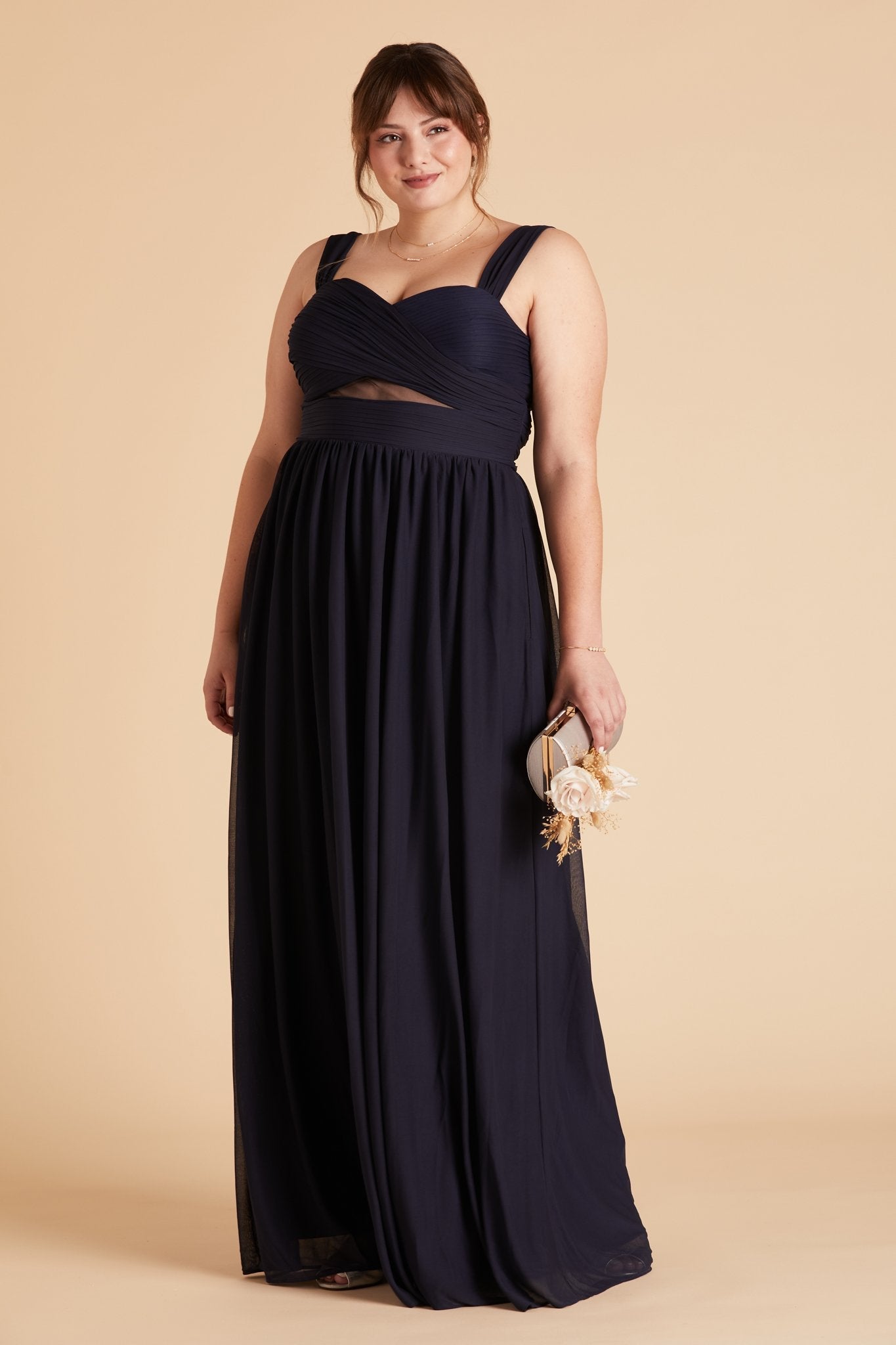 Elsye plus size bridesmaid dress in navy blue chiffon by Birdy Grey, front view