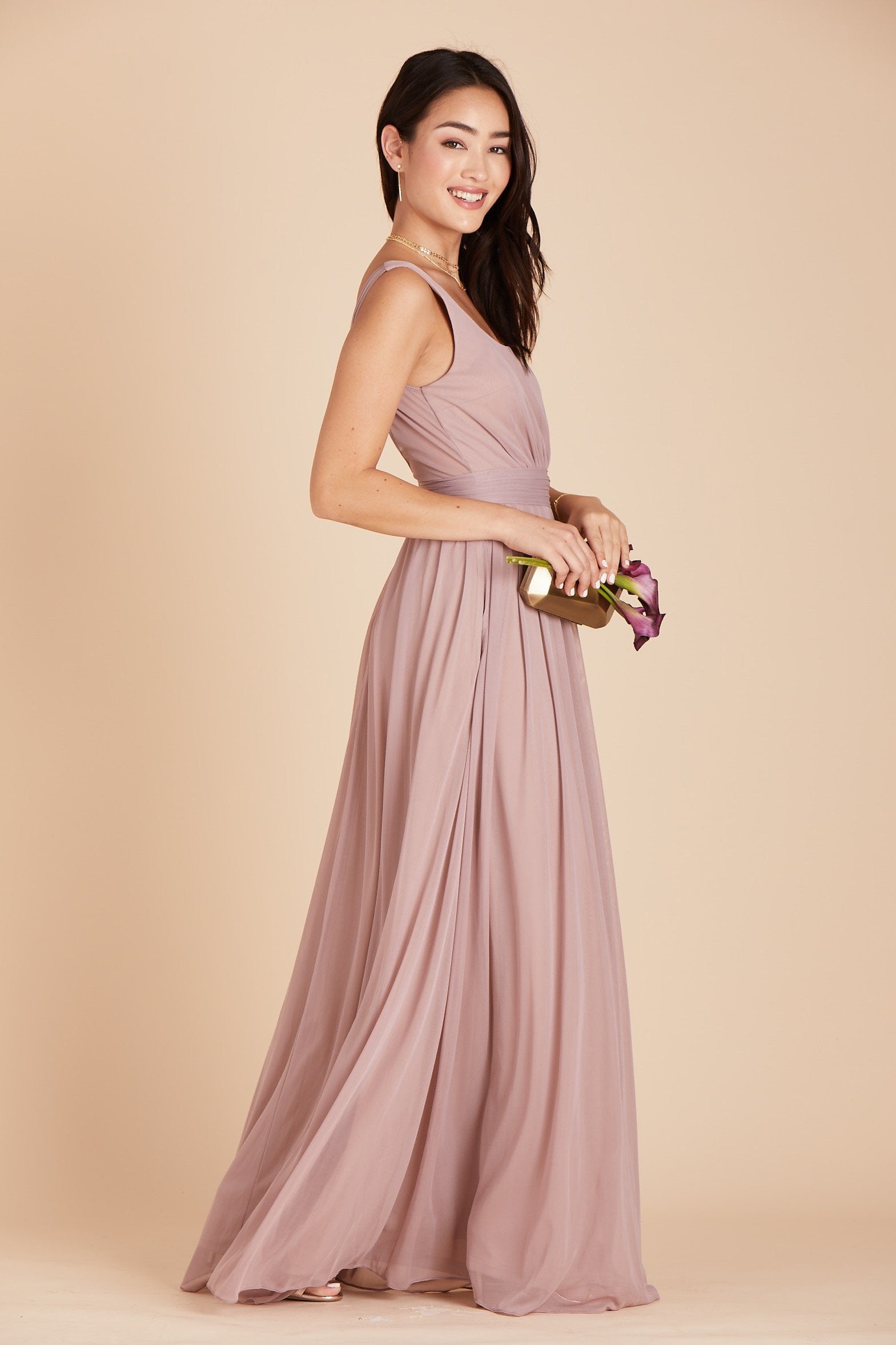 Jay bridesmaids dress in mauve chiffon by Birdy Grey, side view