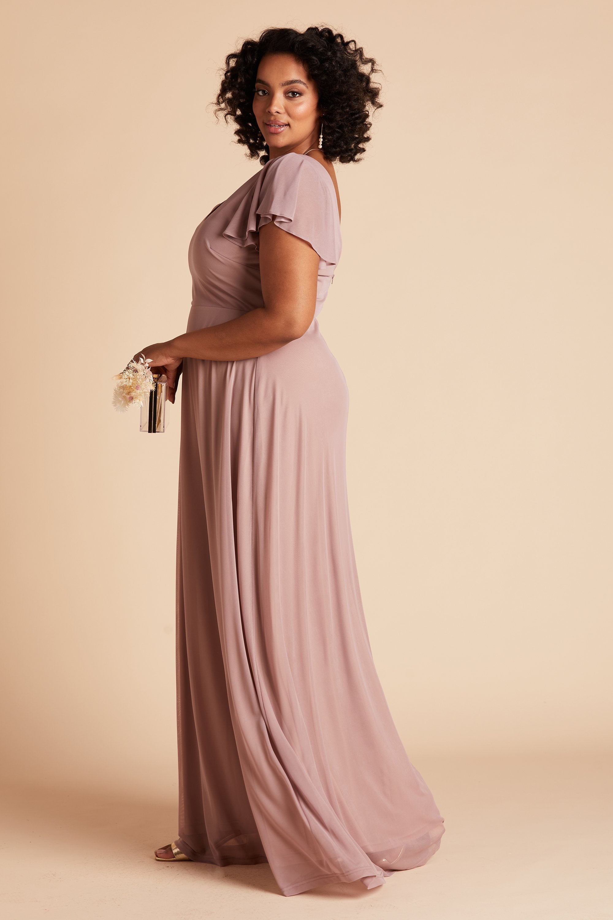 Hannah plus size bridesmaids dress in mauve mesh by Birdy Grey, side view