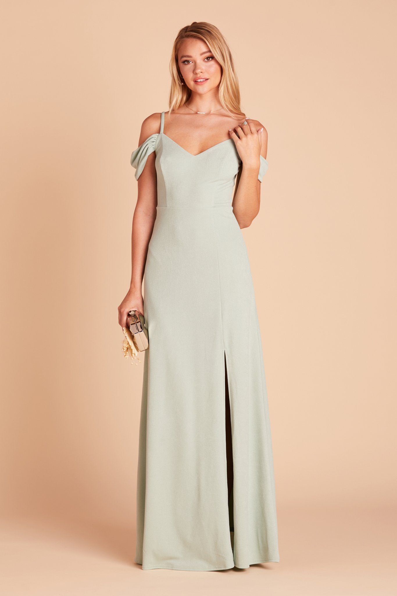 Dev bridesmaid dress with slit in sage green crepe by Birdy Grey, front view