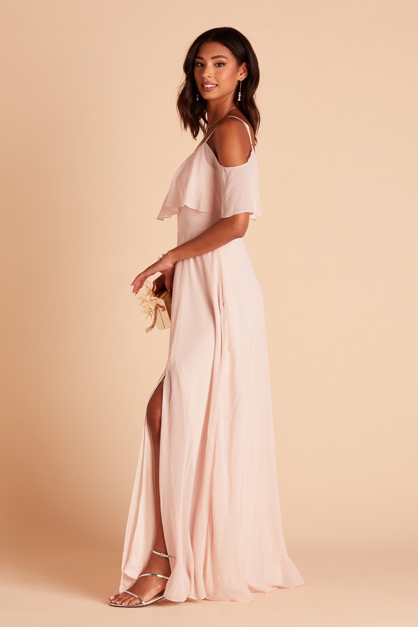 Jane convertible bridesmaid dress with slit in pale blush chiffon by Birdy Grey, side view
