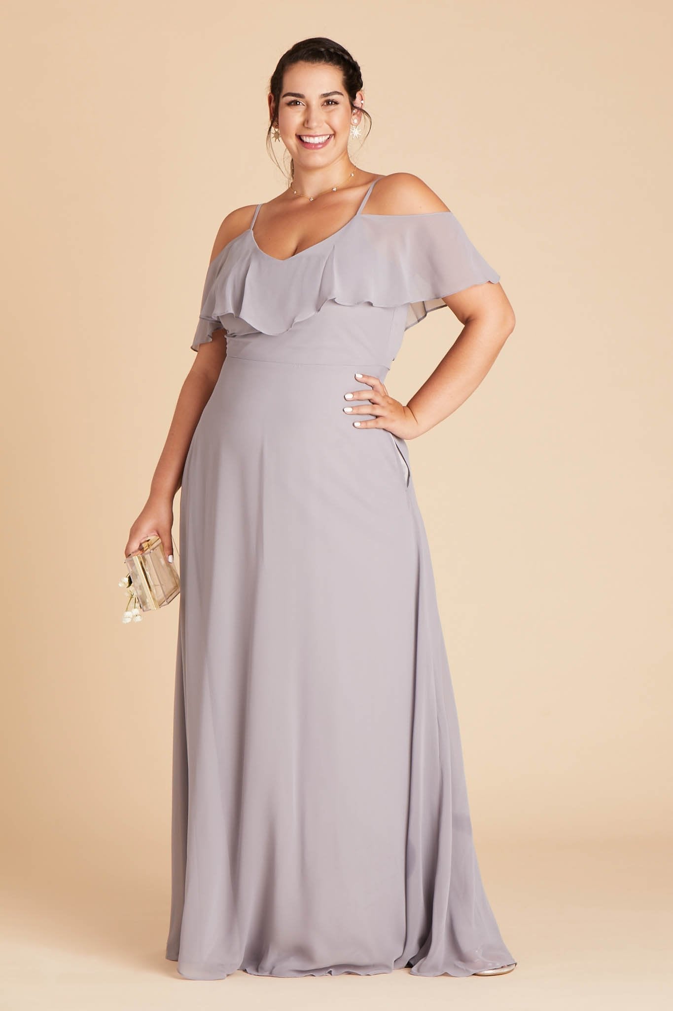 Jane convertible plus size bridesmaid dress in silver chiffon by Birdy Grey, front view