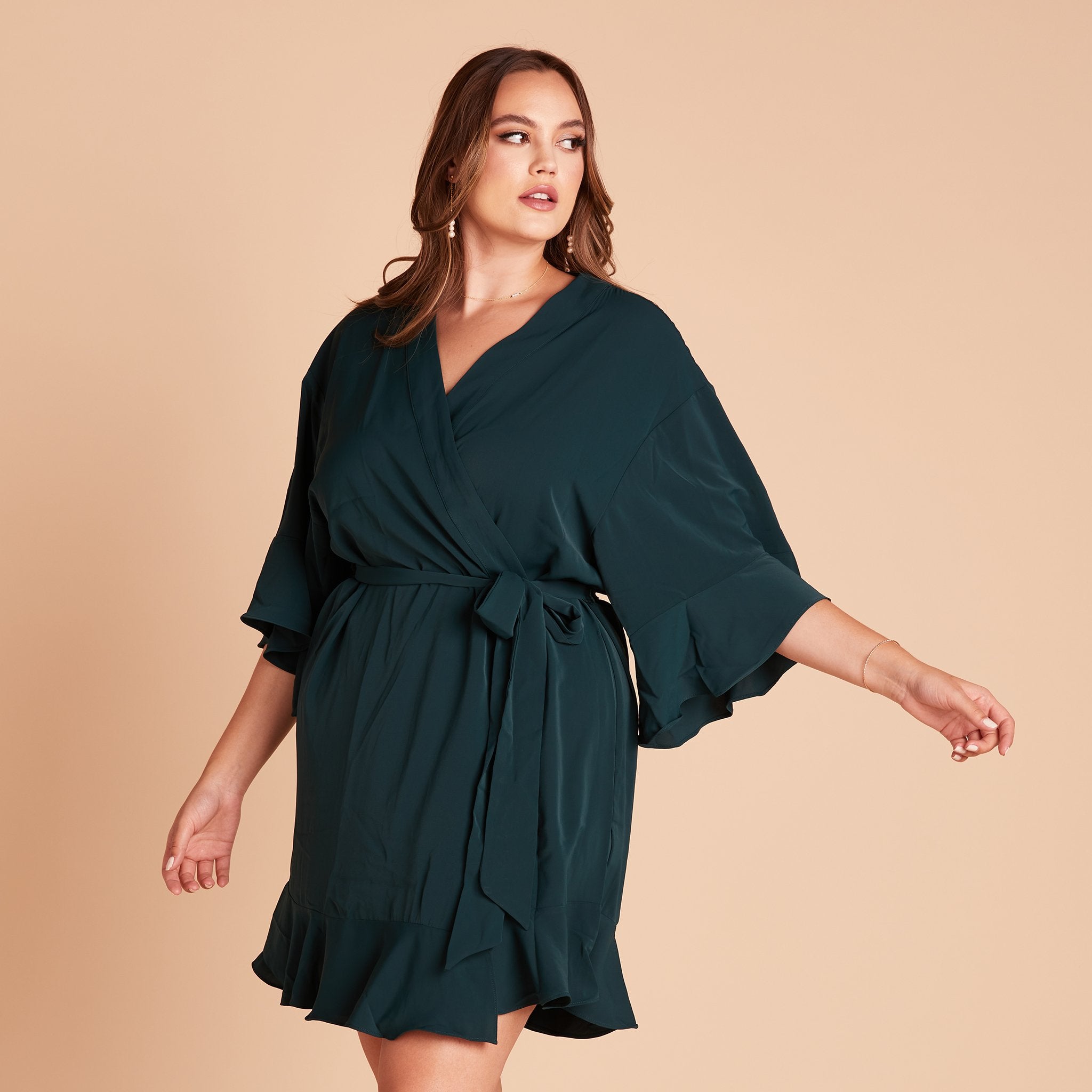 Kenny Ruffle Robe in emerald green by Birdy Grey, front view