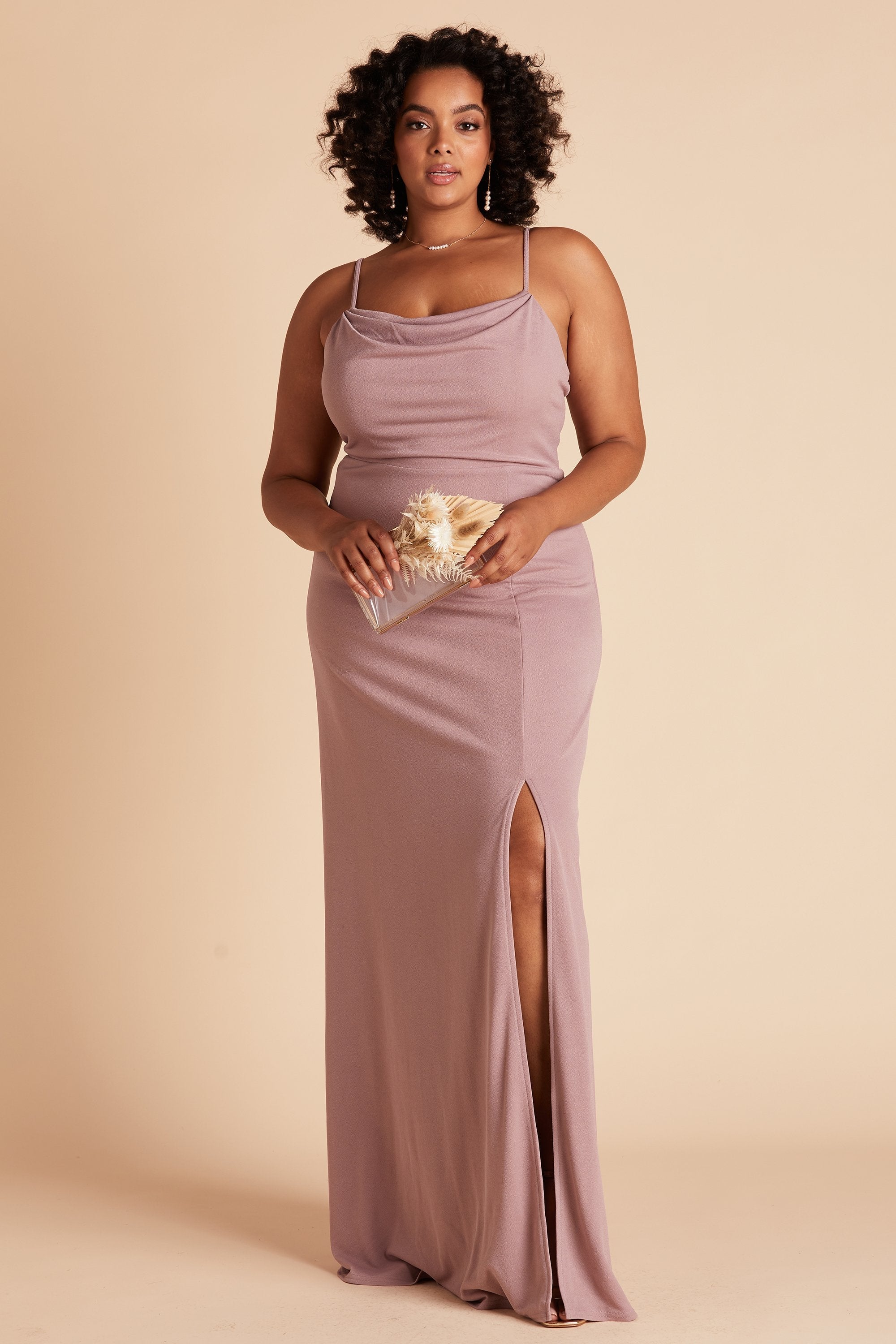 Ash plus size bridesmaid dress with slit  in dark mauve crepe by Birdy Grey, front view