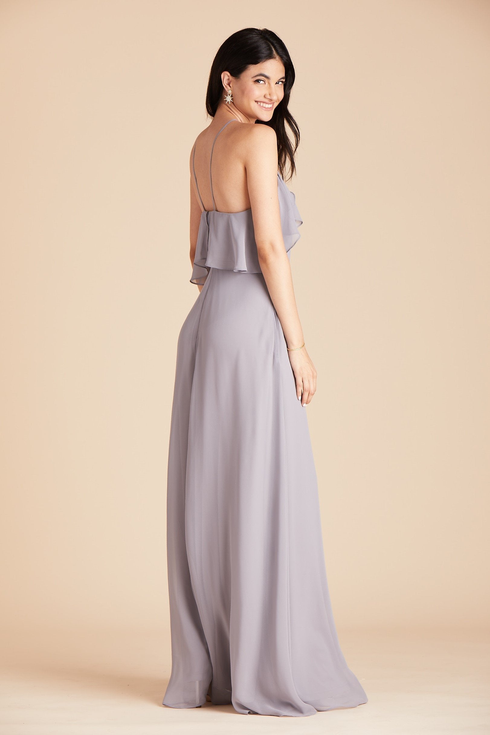 Jules bridesmaid dress in silver chiffon by Birdy Grey, side view