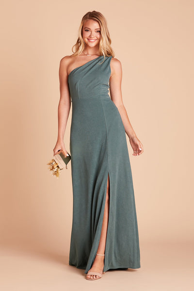 Kira bridesmaid dress with slit in sea glass green crepe by Birdy Grey, front view