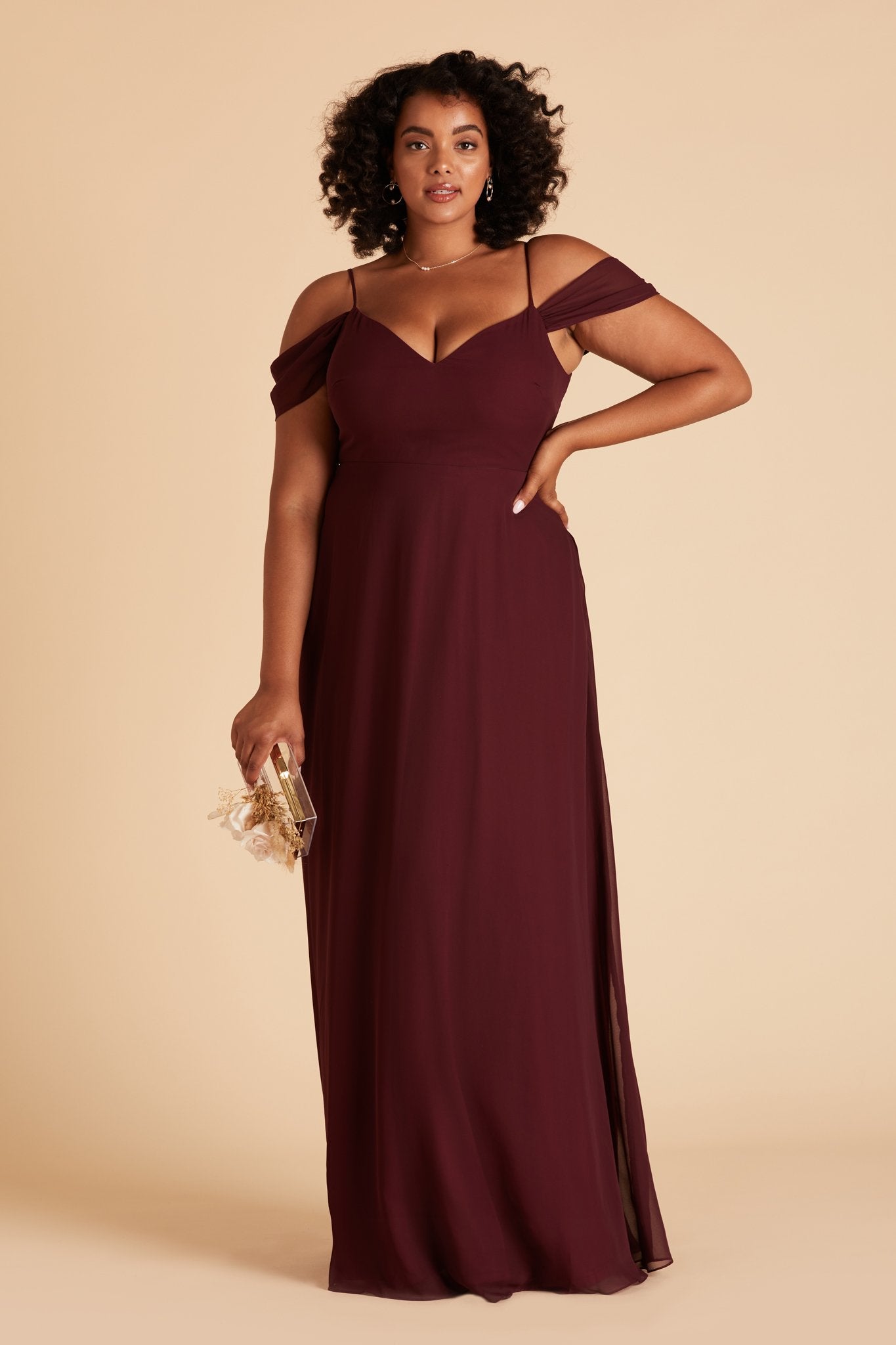 Devin convertible plus size bridesmaid dress in cabernet burgundy chiffon by Birdy Grey, front view