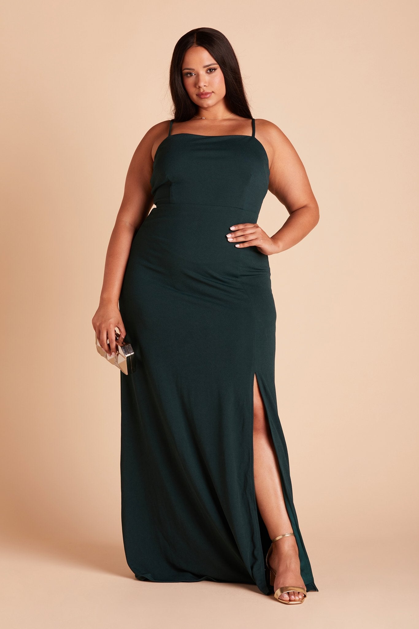 Benny plus size bridesmaid dress with slit in emerald green chiffon by Birdy Grey, front view
