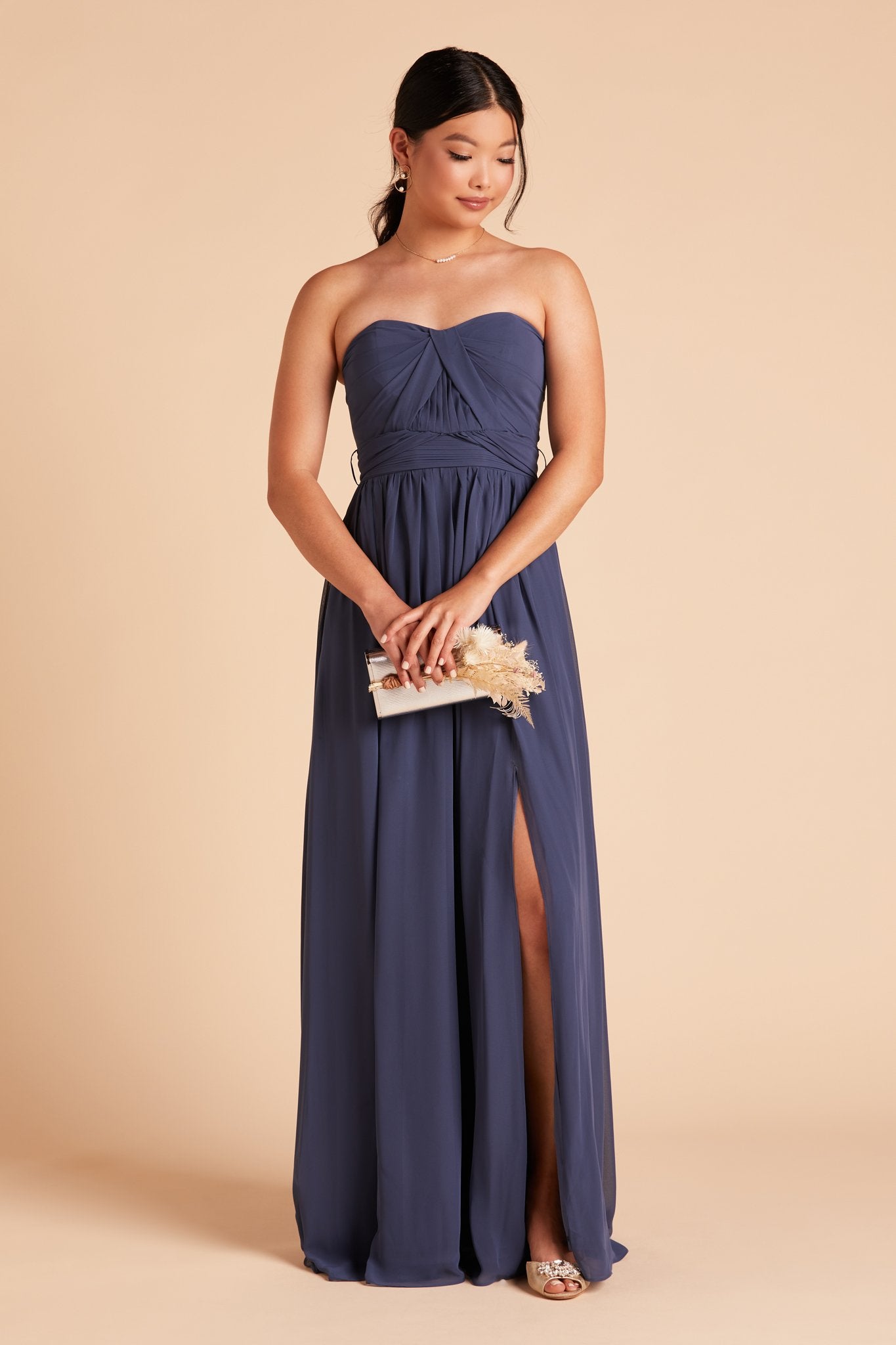 Grace convertible bridesmaid dress with slit in slate blue chiffon by Birdy Grey, front view