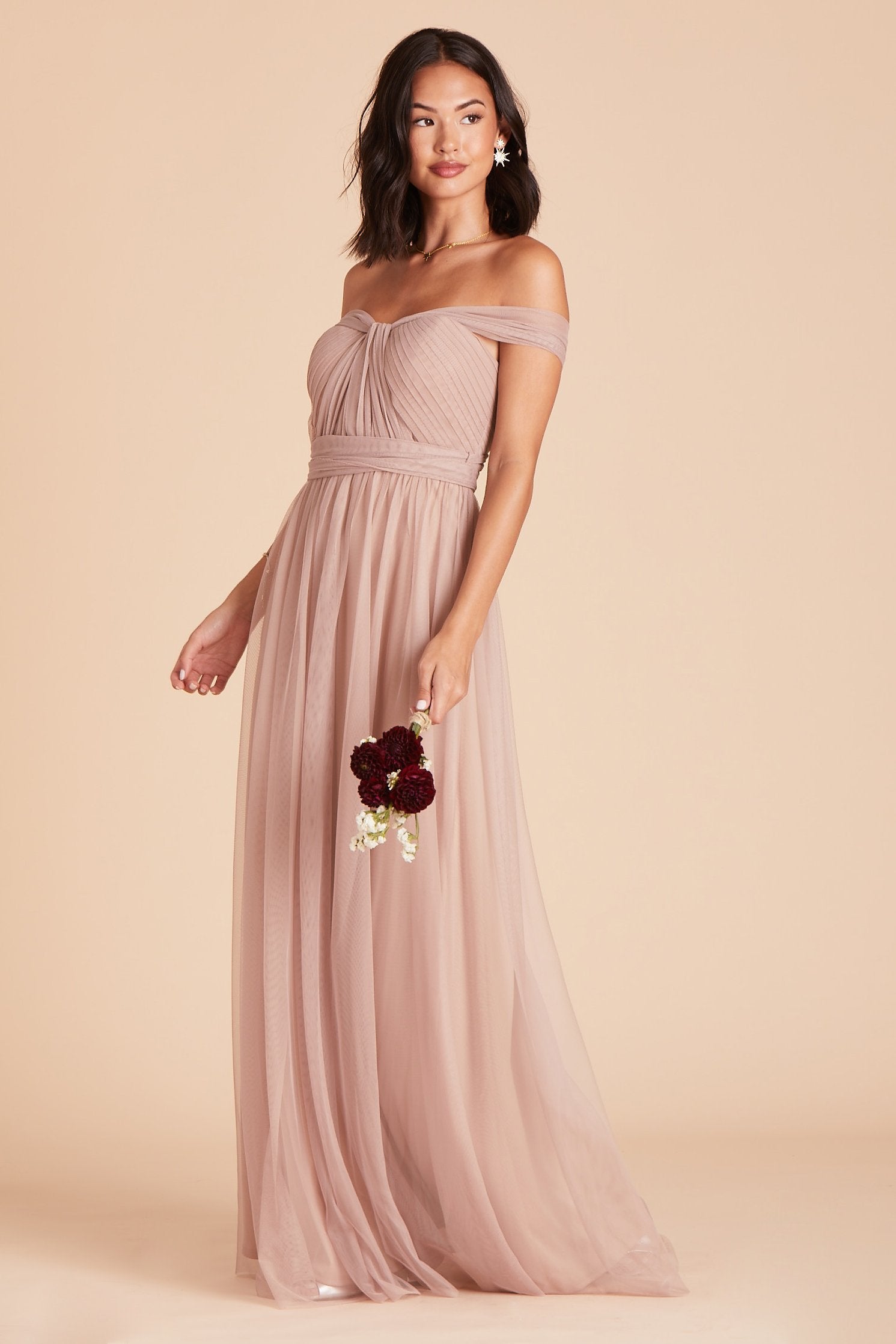 Christina convertible bridesmaid dress in sandy taupe tulle by Birdy Grey, front view