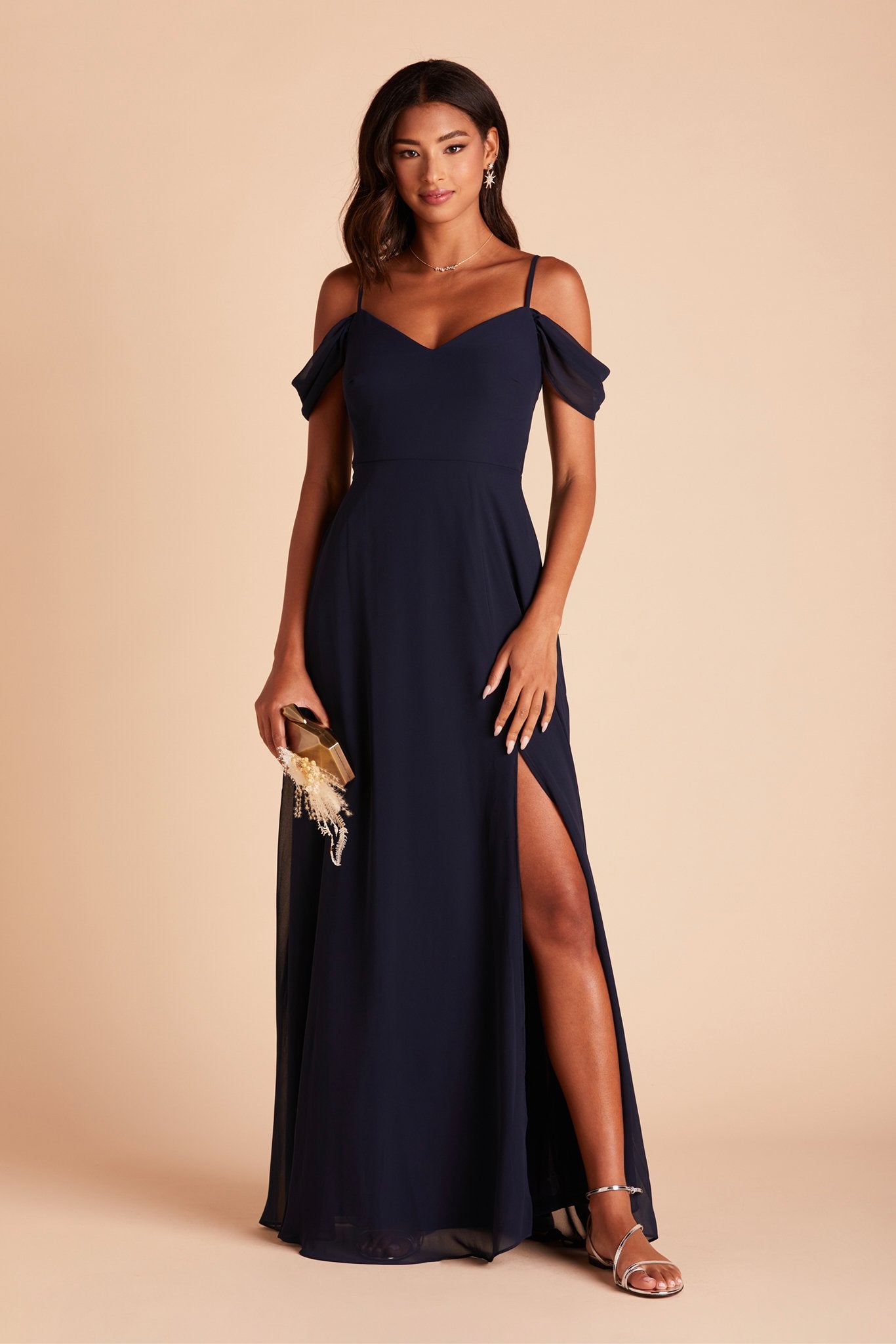 Devin convertible bridesmaid dress with slit in navy blue chiffon by Birdy Grey, front view