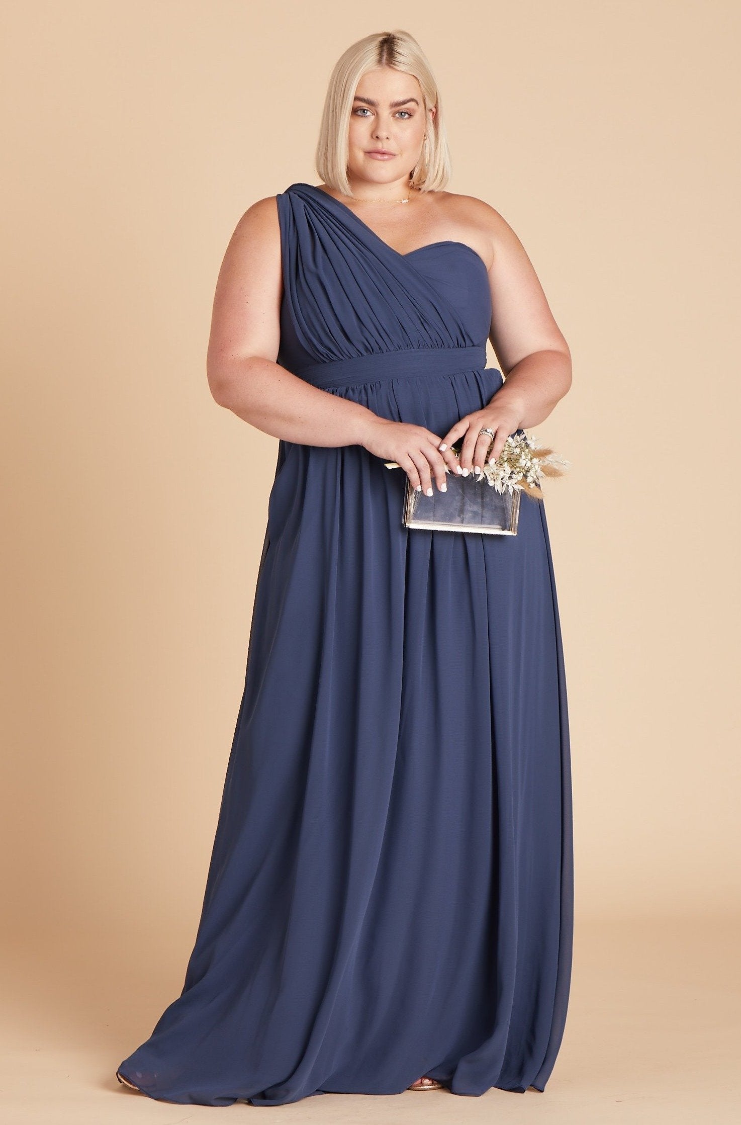 Grace convertible plus size bridesmaid dress in slate blue chiffon by Birdy Grey, front view