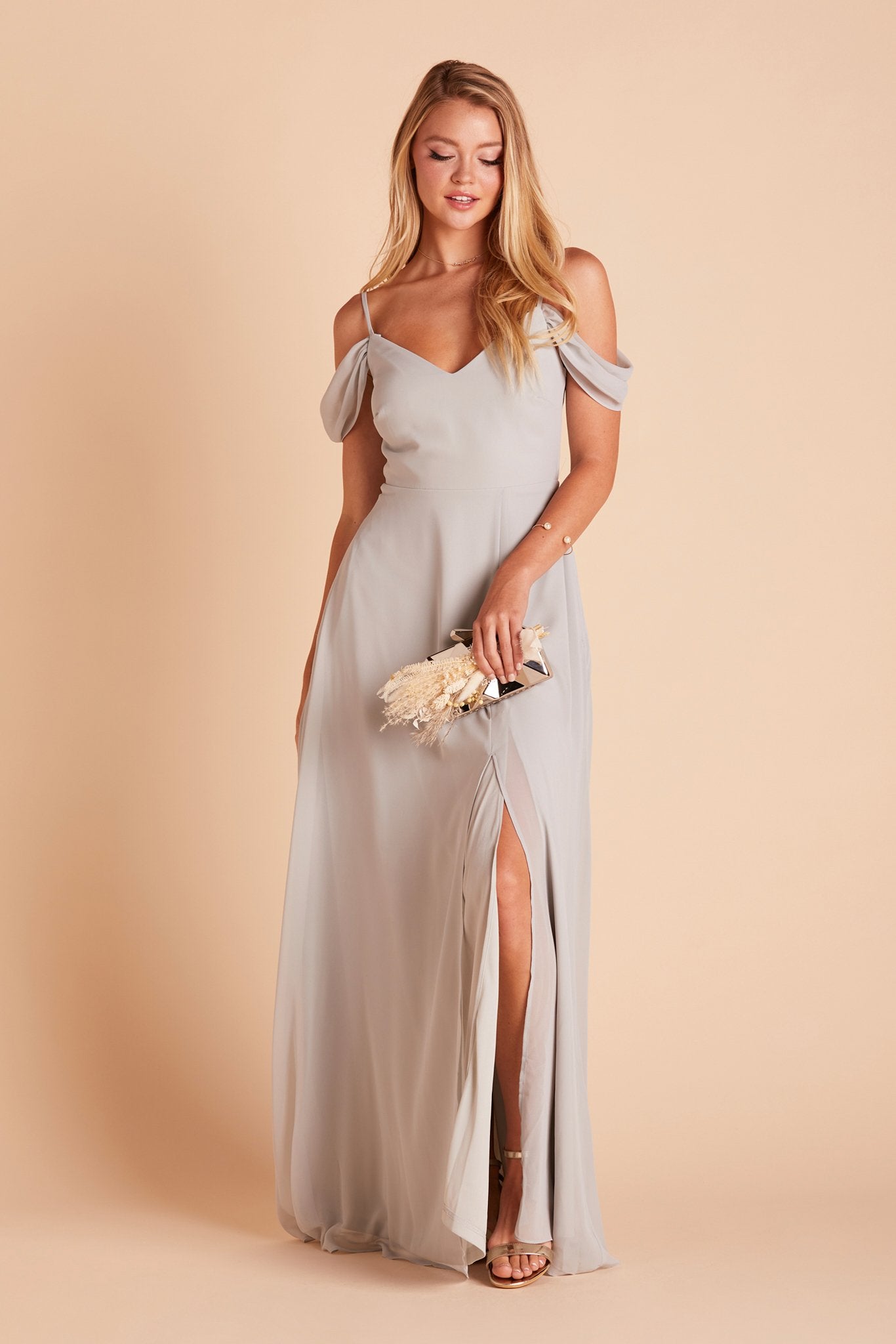 Devin convertible bridesmaid dress with slit in dove gray chiffon by Birdy Grey, front view
