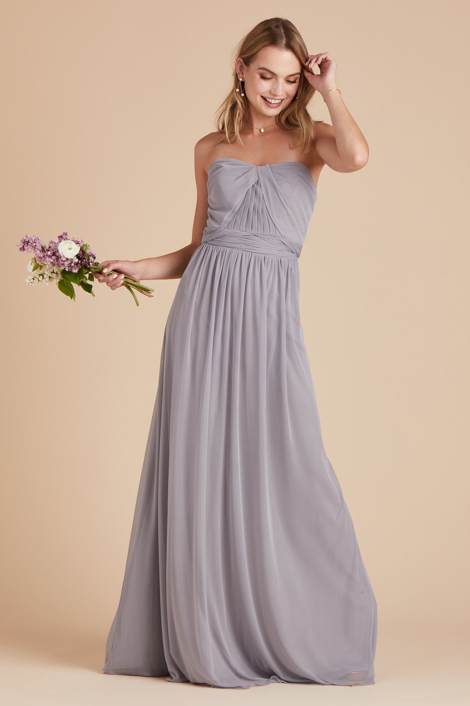 Chicky convertible bridesmaid dress in silver mesh by Birdy Grey, front view