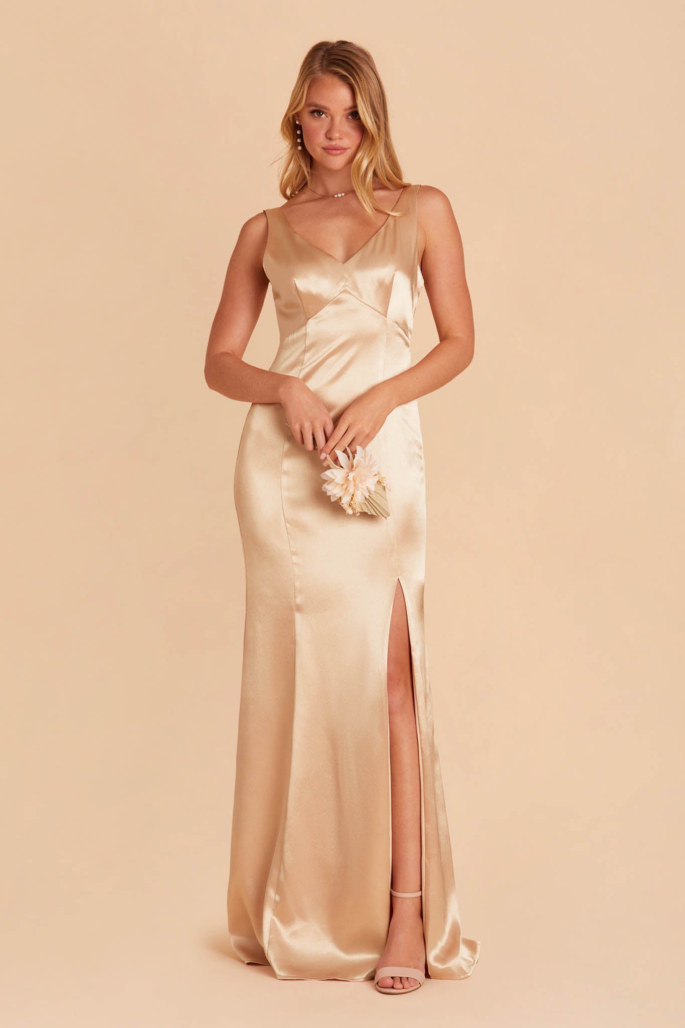 Gloria bridesmaid dress with slit in gold satin by Birdy Grey, front view