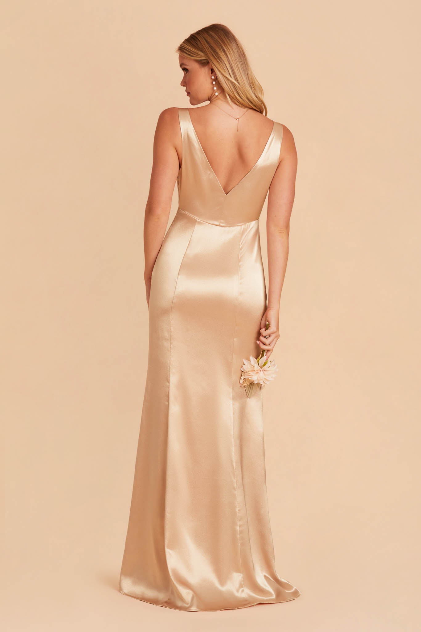 Gloria bridesmaid dress with slit in gold satin by Birdy Grey, back view