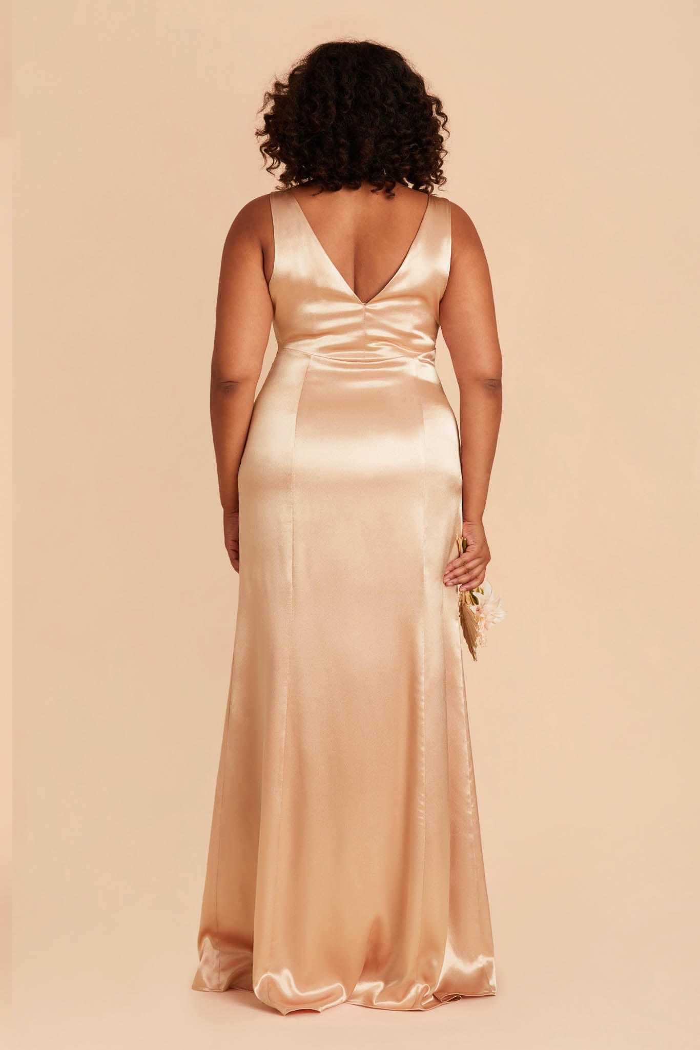 Gloria plus size bridesmaid dress with slit in gold satin by Birdy Grey, back view