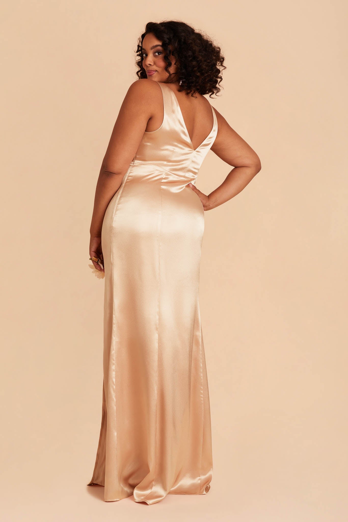 Gloria plus size bridesmaid dress with slit in gold satin by Birdy Grey, back view