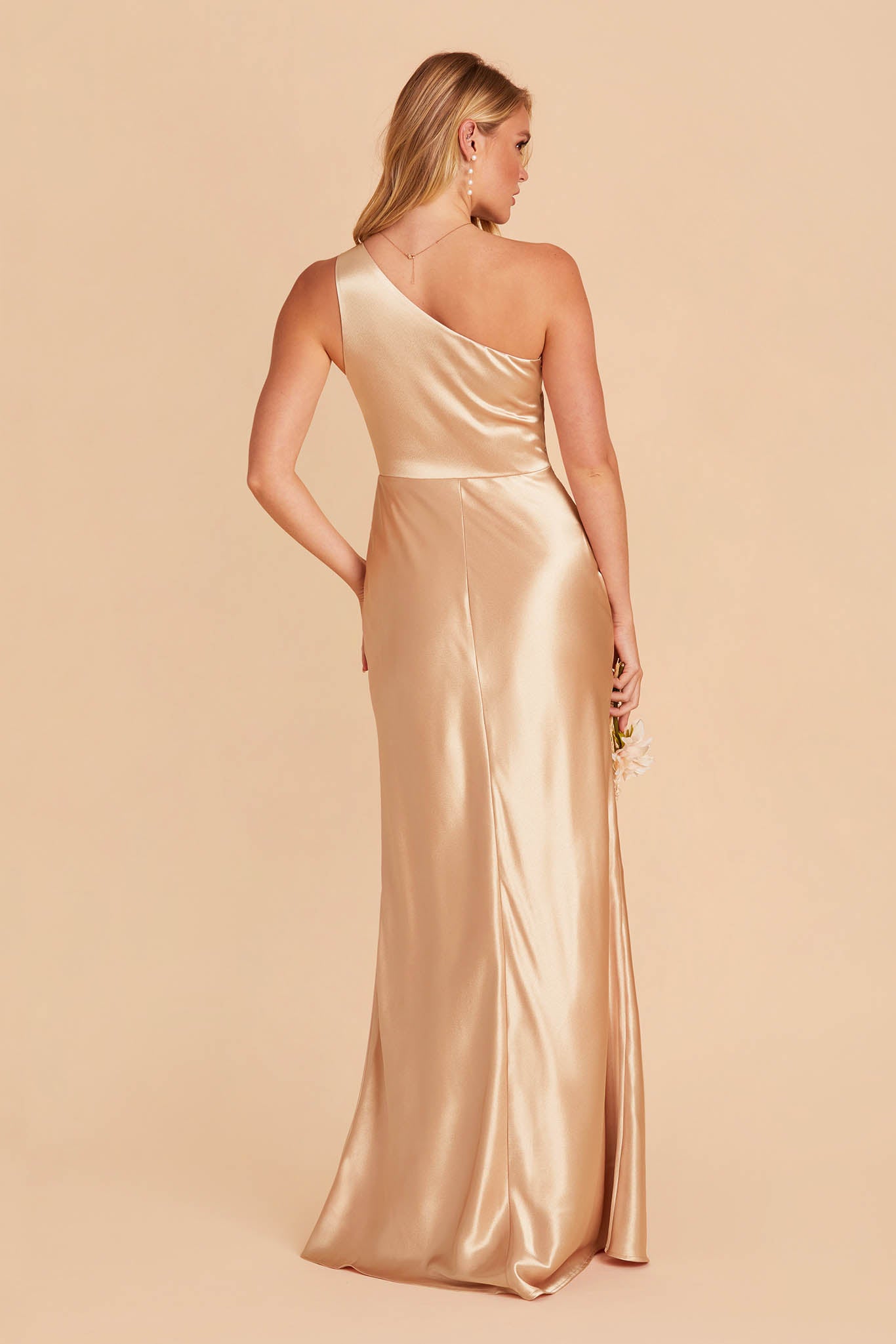 Kira bridesmaid dress with slit in gold satin by Birdy Grey, back view