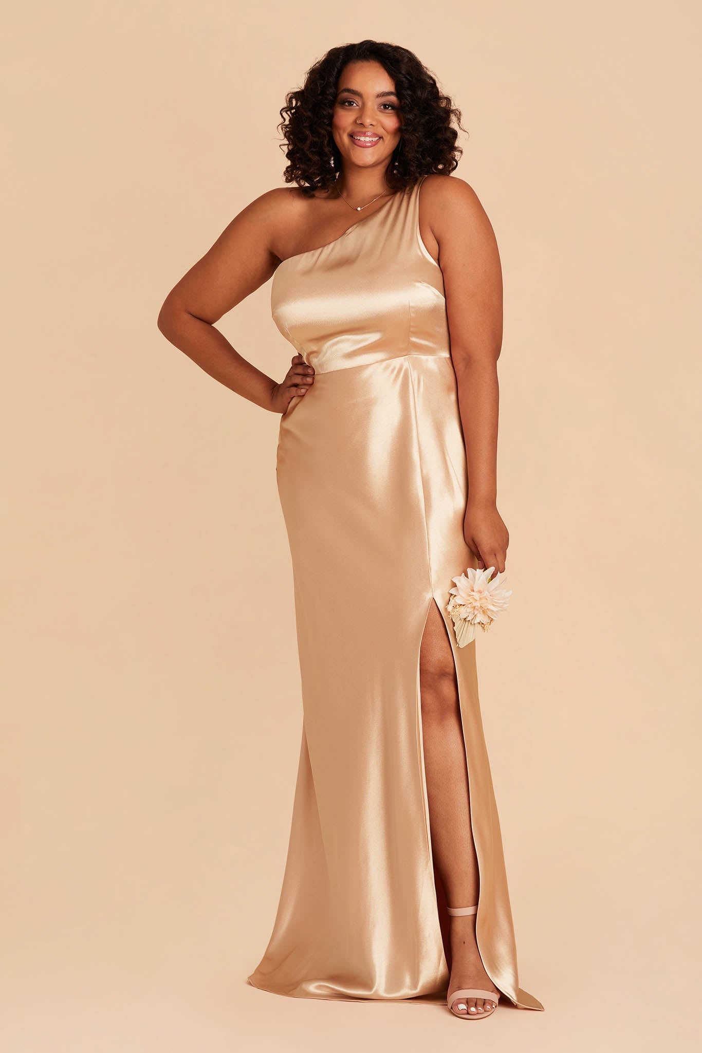 Kira plus size bridesmaid dress with slit in gold satin by Birdy Grey, front view